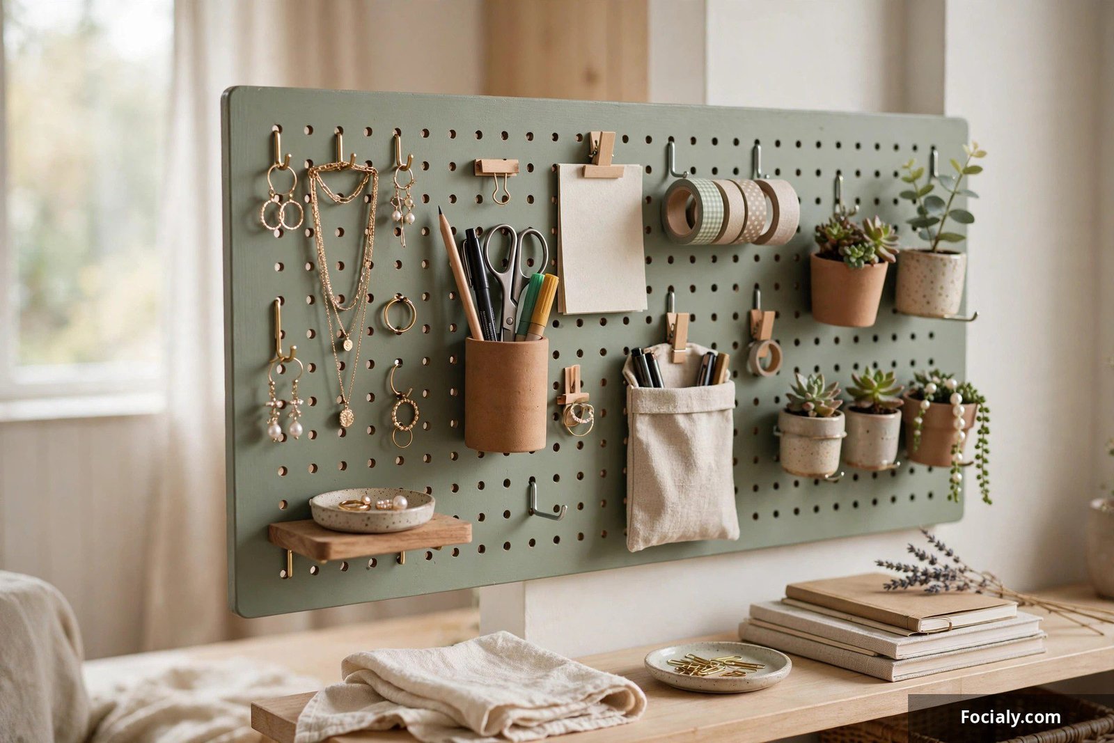 Painted pegboard wall organizer holding jewelry, stationery, and small plants above a vanity desk