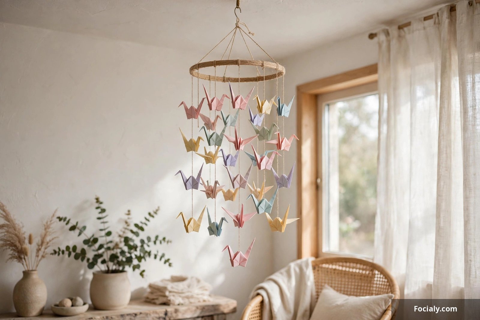 Hanging origami paper crane mobile in pastel colors suspended from an embroidery hoop