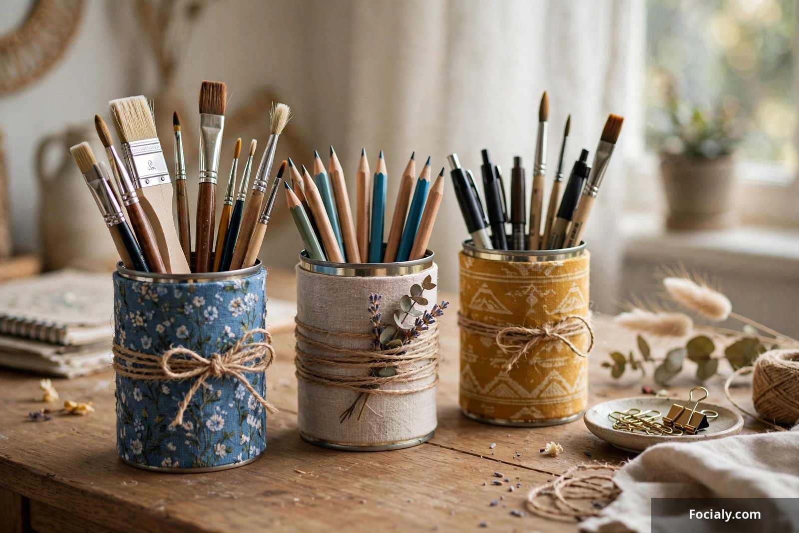 Decorated tin cans wrapped in fabric and twine used as pen and brush holders on a desk
