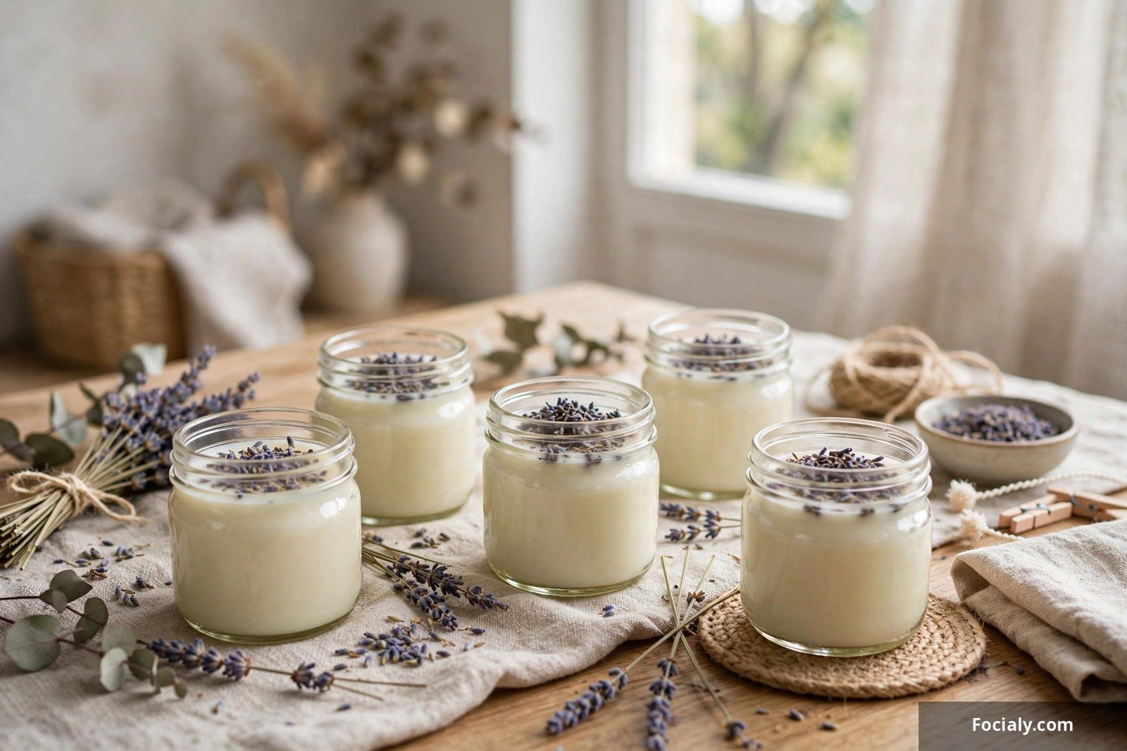Handmade scented candles in small glass jars with dried lavender on top on a wooden tray