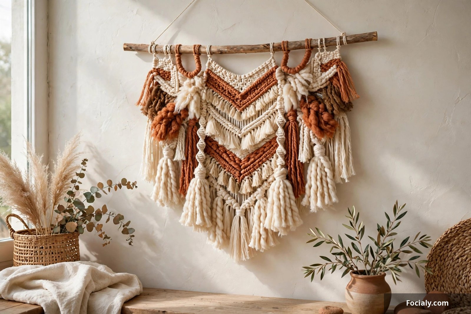 Boho yarn wall hanging in cream and terracotta tones on a wooden dowel above a dresser