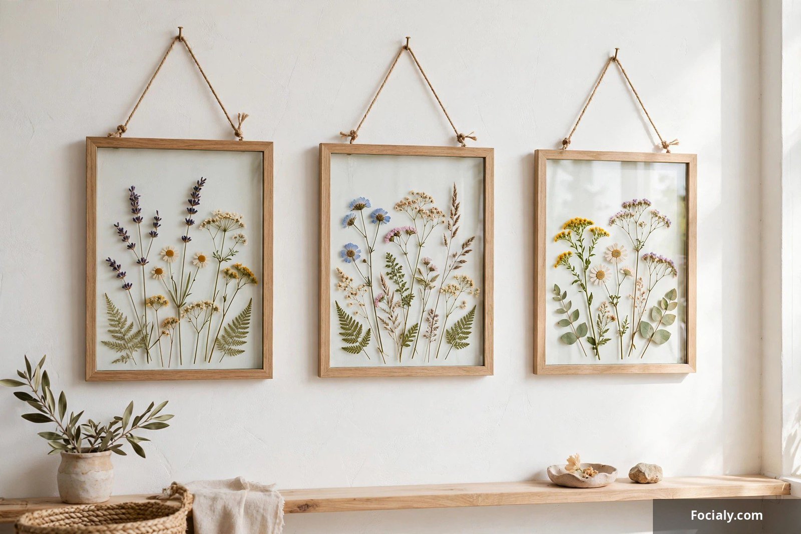 Framed pressed wildflowers between glass panes hanging on a bright wall