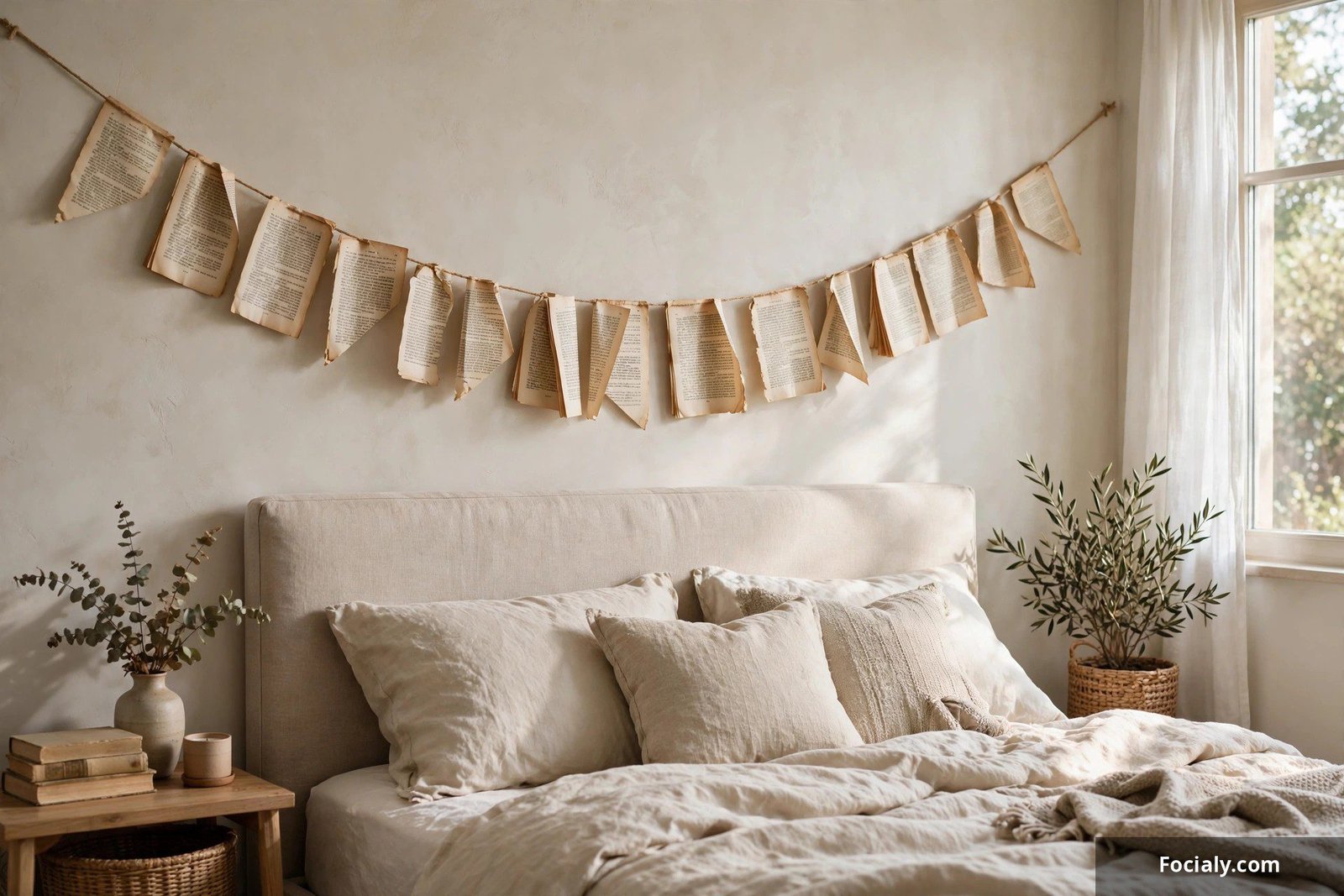Garland made from old book pages strung along a bedroom wall above a headboard