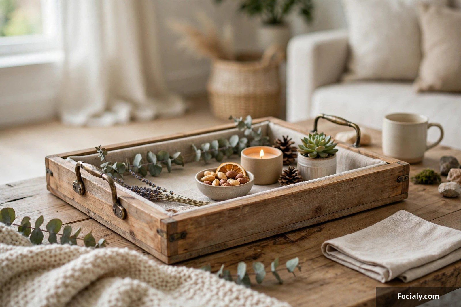 Decorative serving tray made from a wooden picture frame with handles on a coffee table