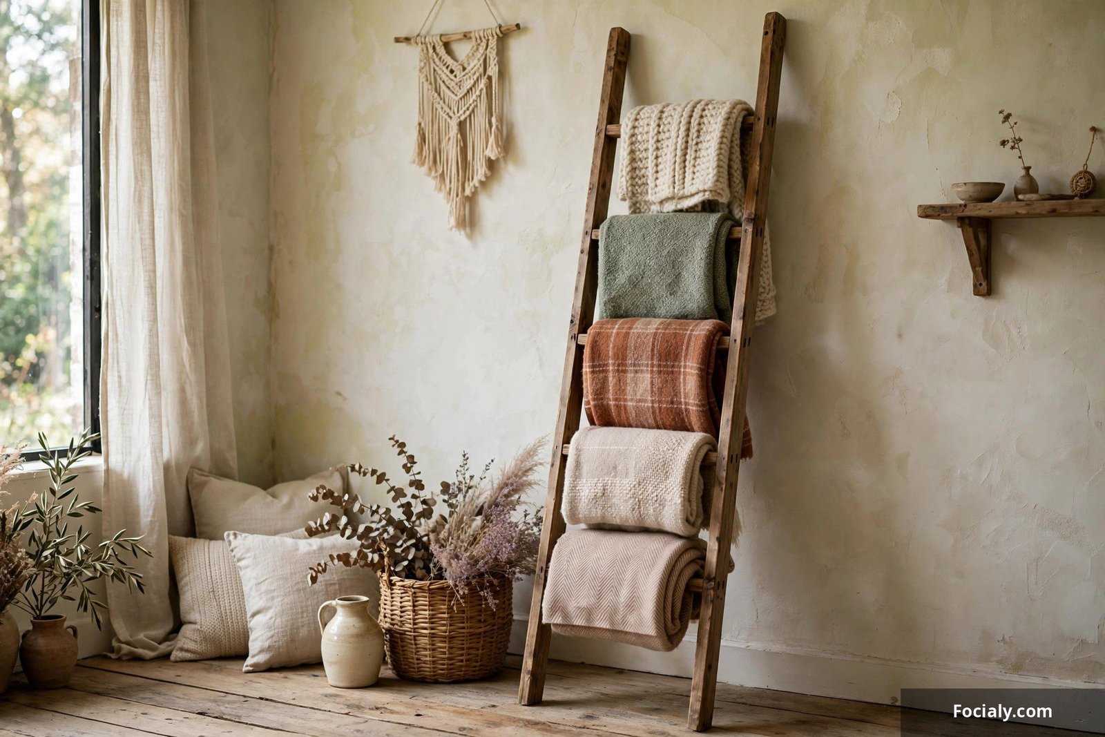 Wooden blanket ladder leaning against a wall displaying folded cozy throws in a living room