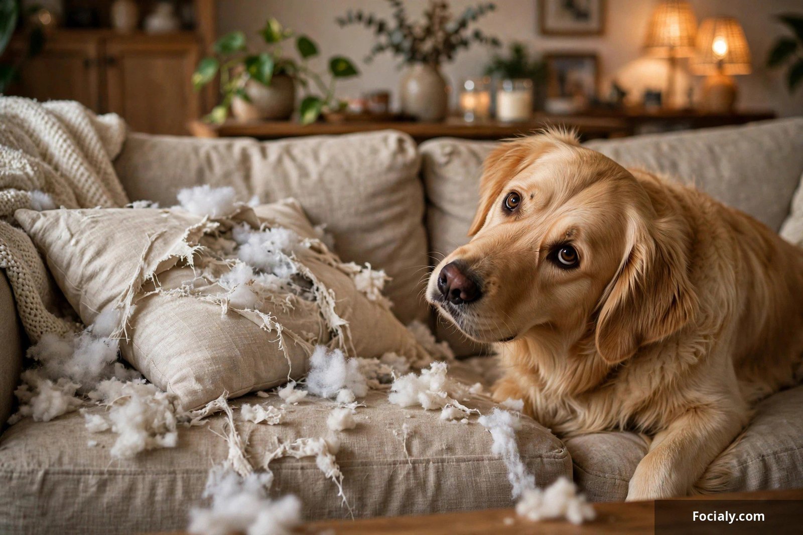 Guilty golden retriever sitting next to a shredded pillow with stuffing everywhere