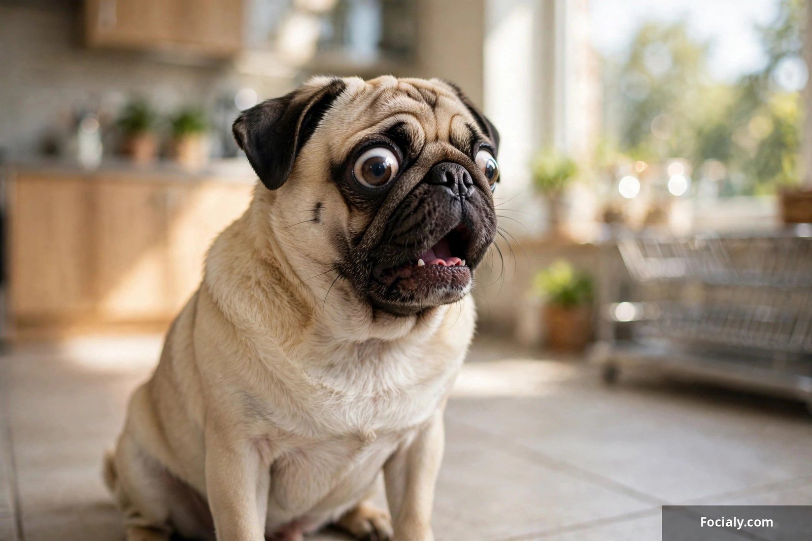 Surprised pug with wide bulging eyes and open mouth gasping