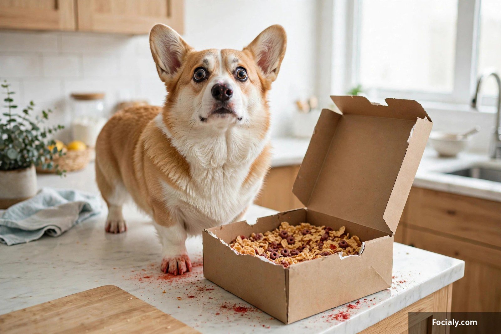 Corgi caught on the kitchen counter with its nose inside a cereal box