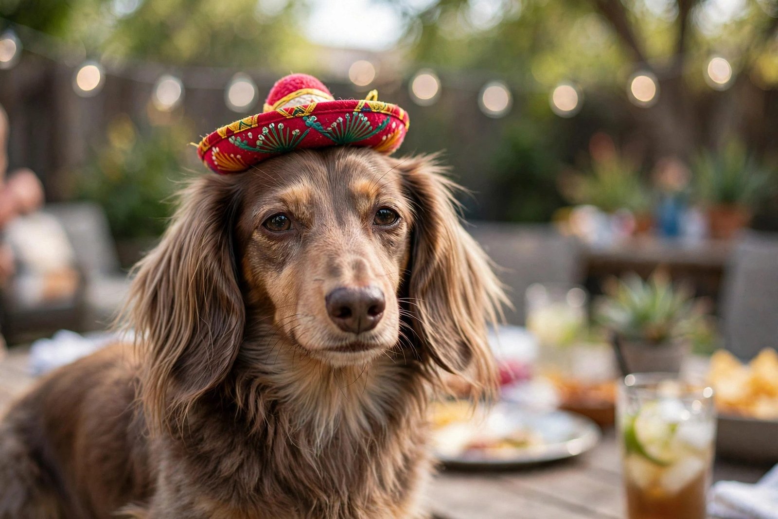 Dachshund wearing a tiny sombrero with a deadpan unimpressed expression