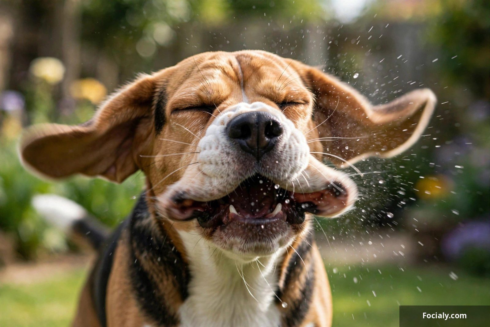 Beagle caught mid-sneeze with eyes squeezed shut and jowls flapping