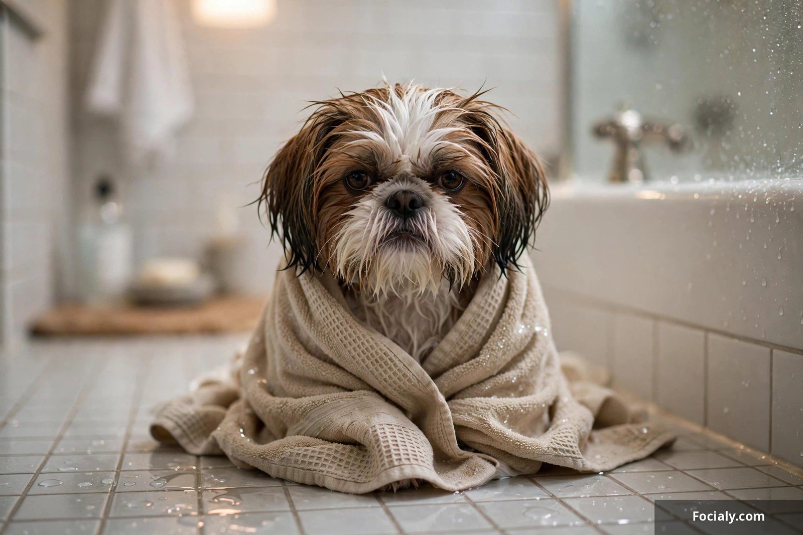 Shih tzu wrapped in a towel giving a deeply offended judgmental stare