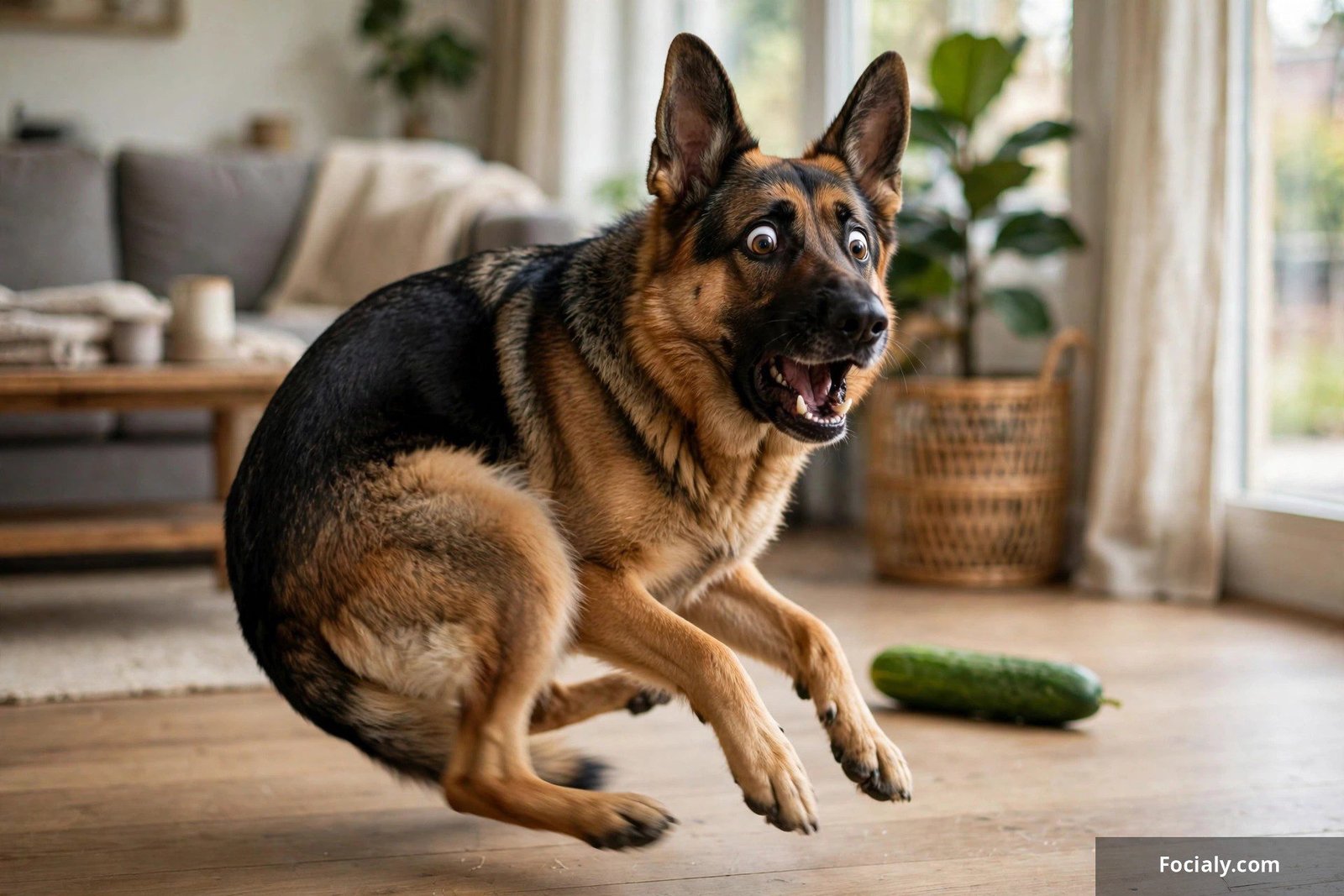 German shepherd leaping back in alarm from a cucumber on the floor