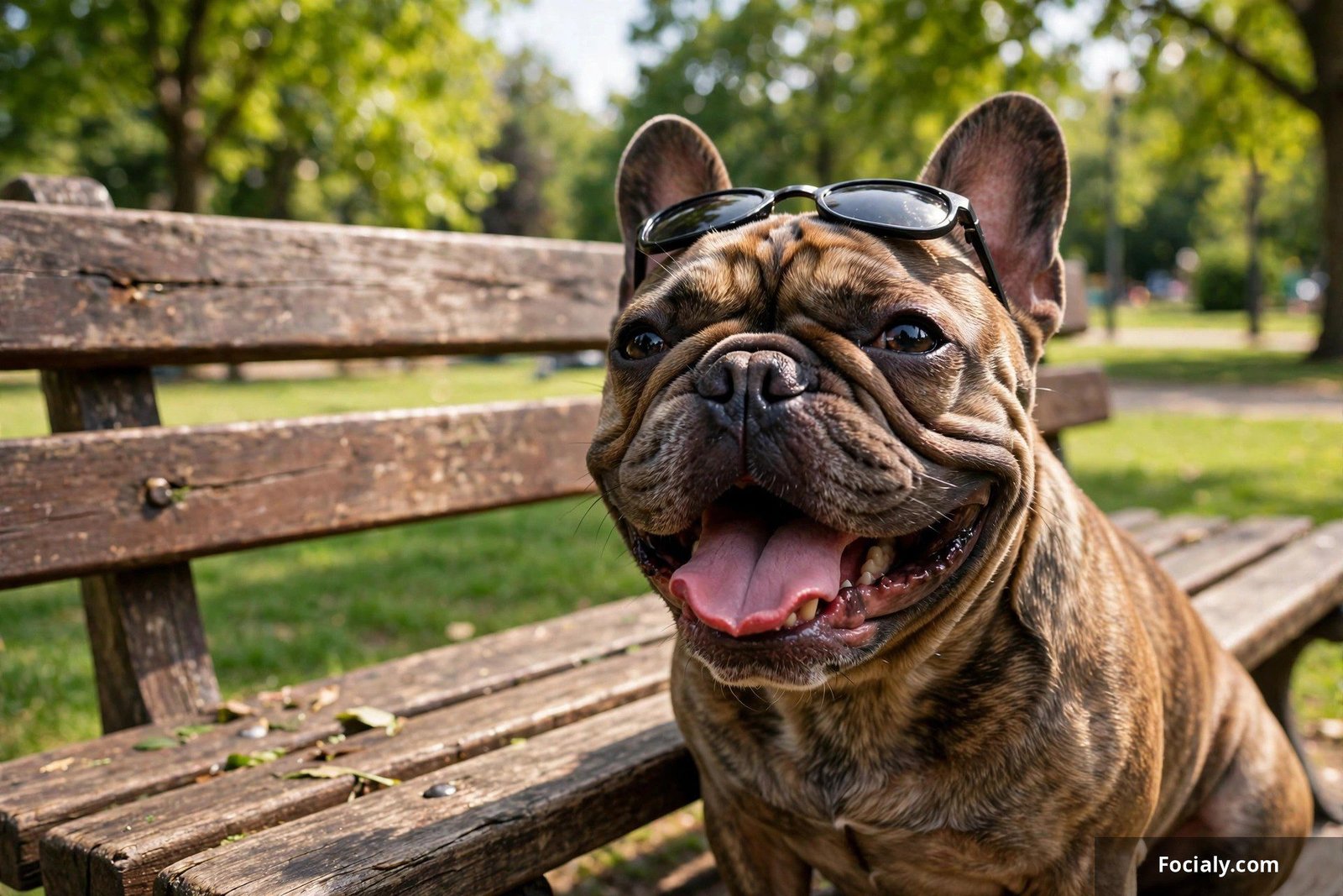 French bulldog wearing tiny sunglasses with a huge goofy grin