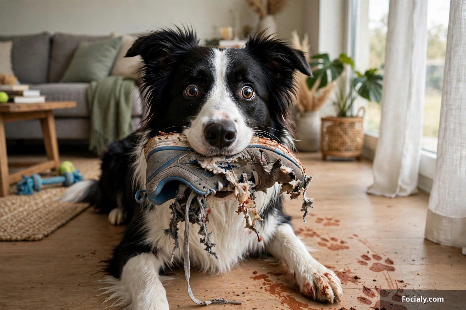 Border collie frozen with a chewed sneaker in its mouth staring guiltily at the camera