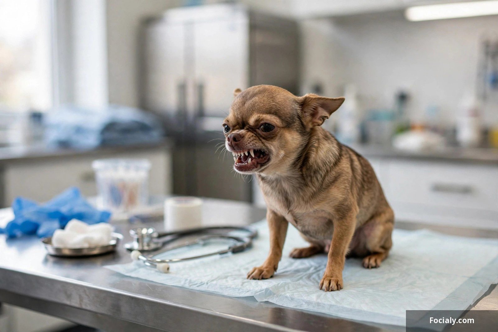 Tiny chihuahua snarling furiously on a veterinarian examination table
