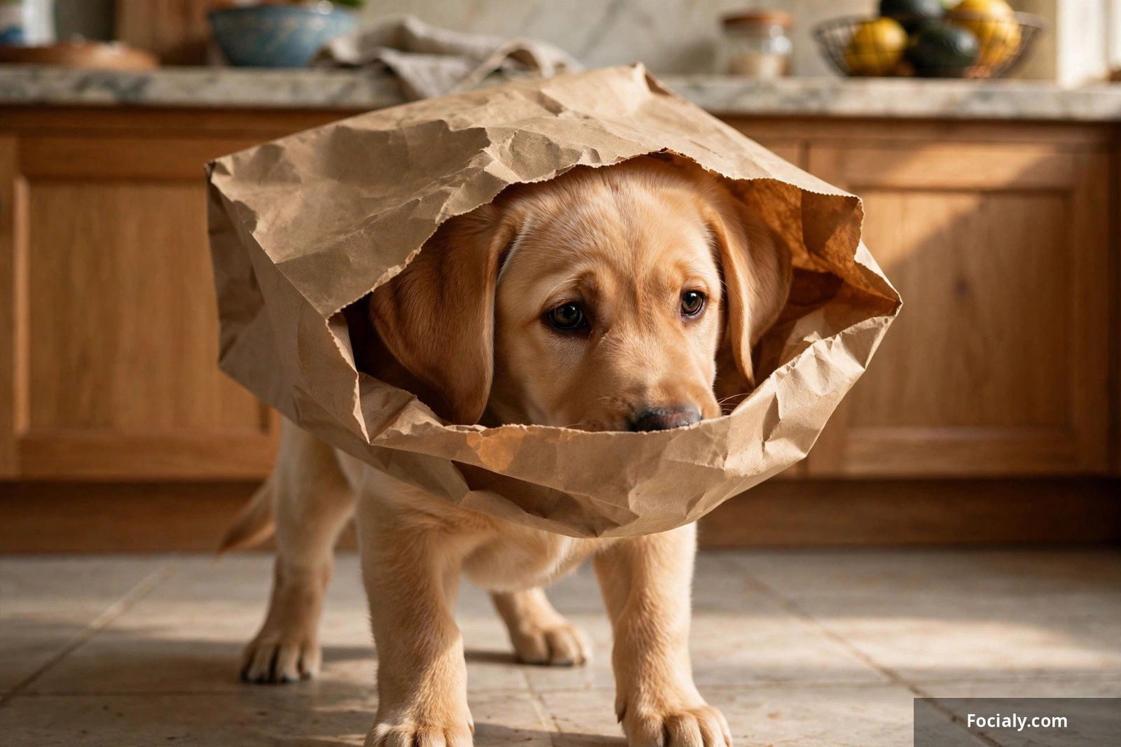 Labrador puppy with its head stuck inside a paper grocery bag looking embarrassed
