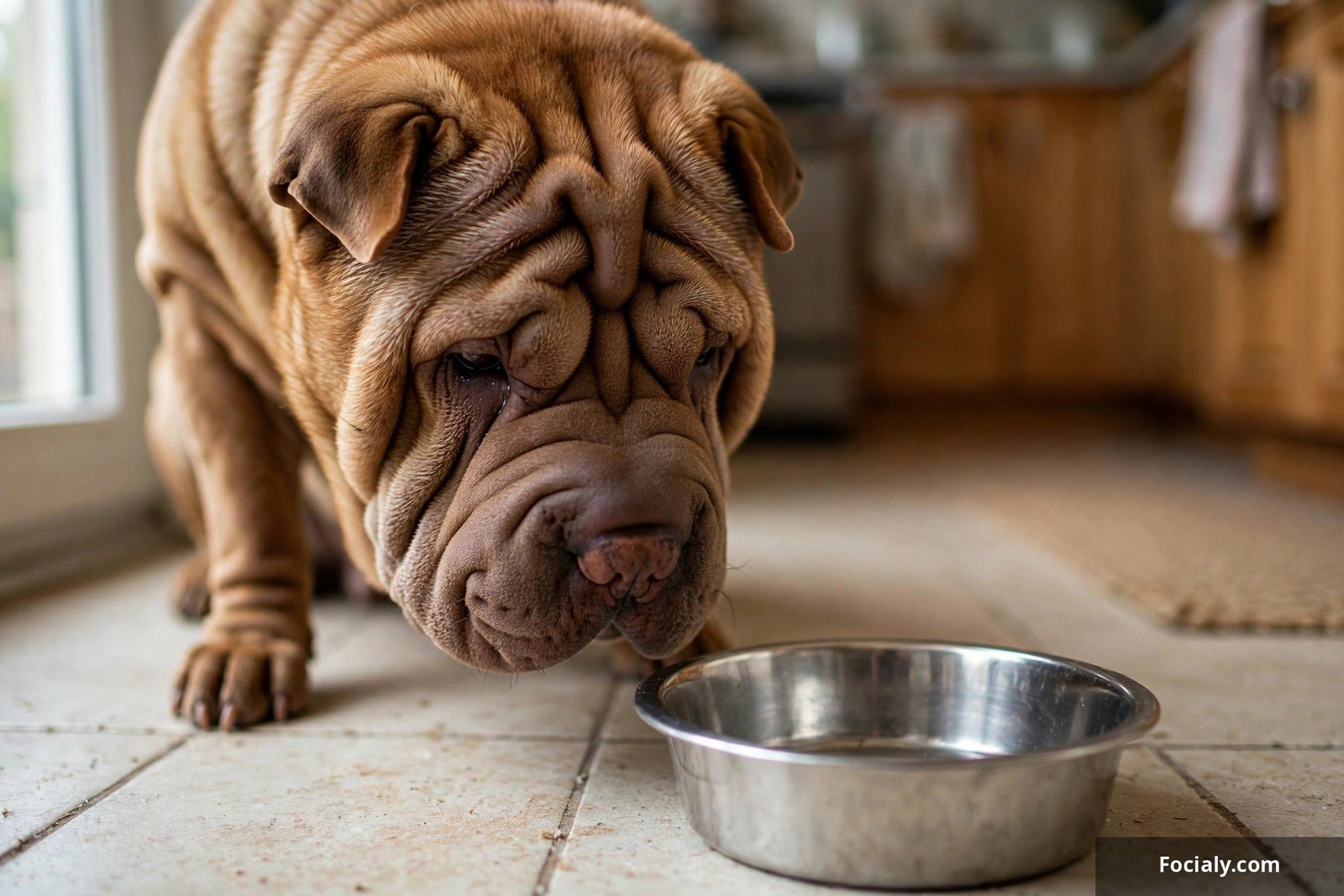 Wrinkly shar pei staring with a heartbroken expression at an empty food bowl