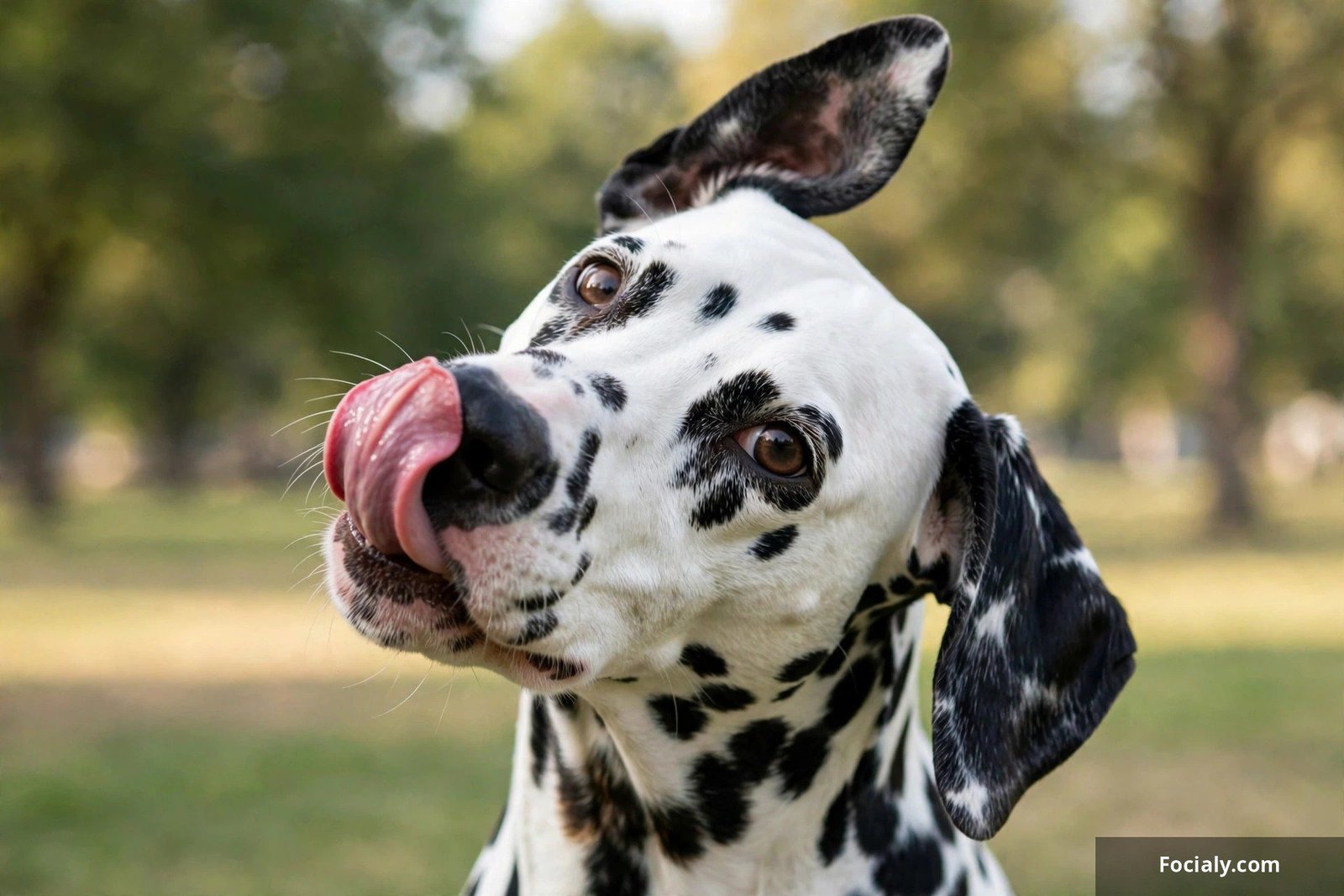 Confused dalmatian mid head-tilt licking its own nose