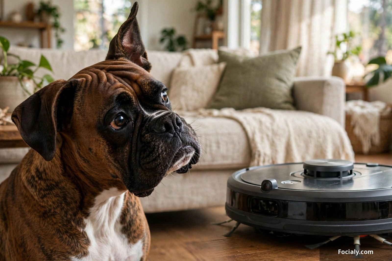 Boxer dog giving a suspicious head tilt at a robot vacuum cleaner