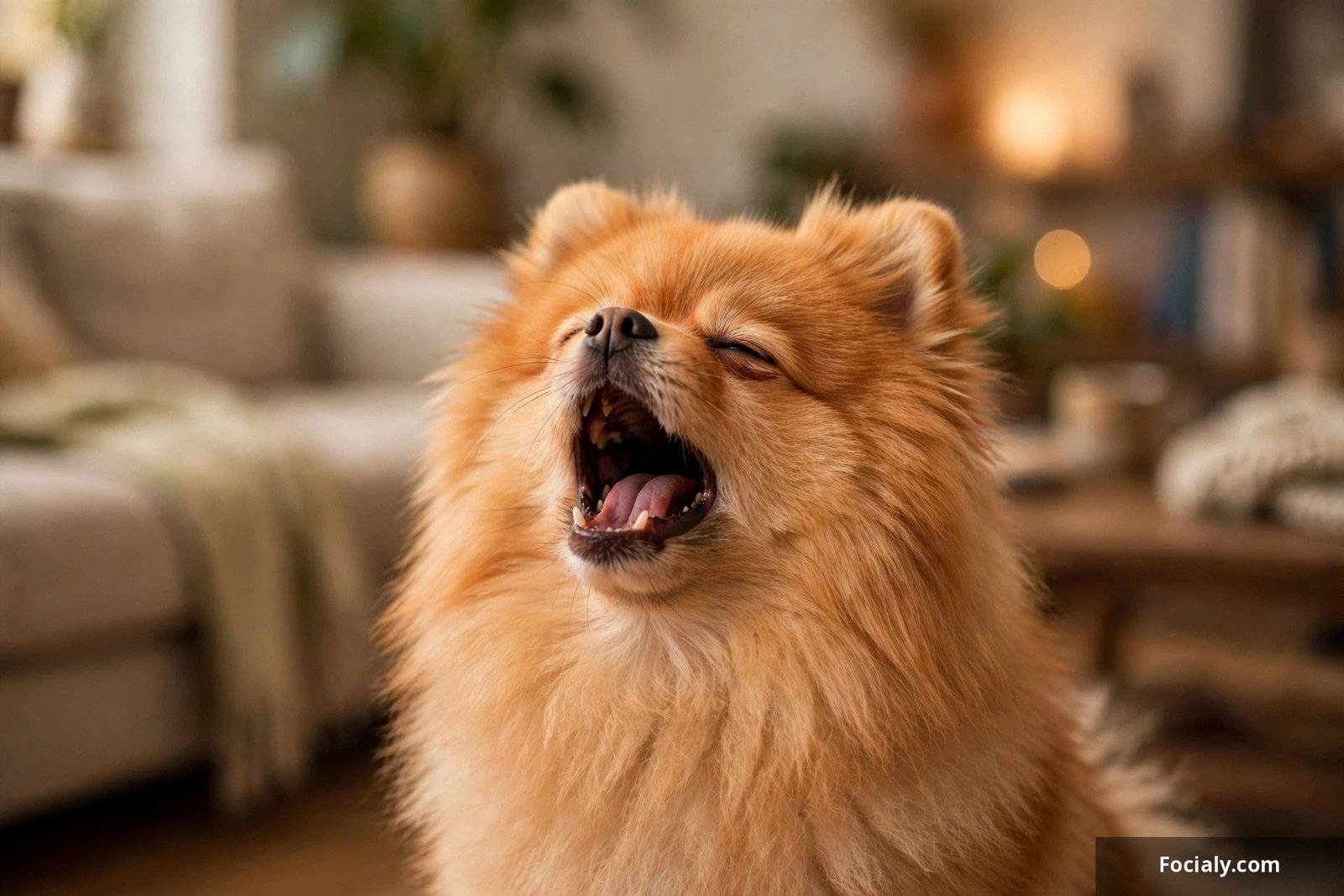 Fluffy pomeranian caught mid-howl with mouth wide open like an opera singer
