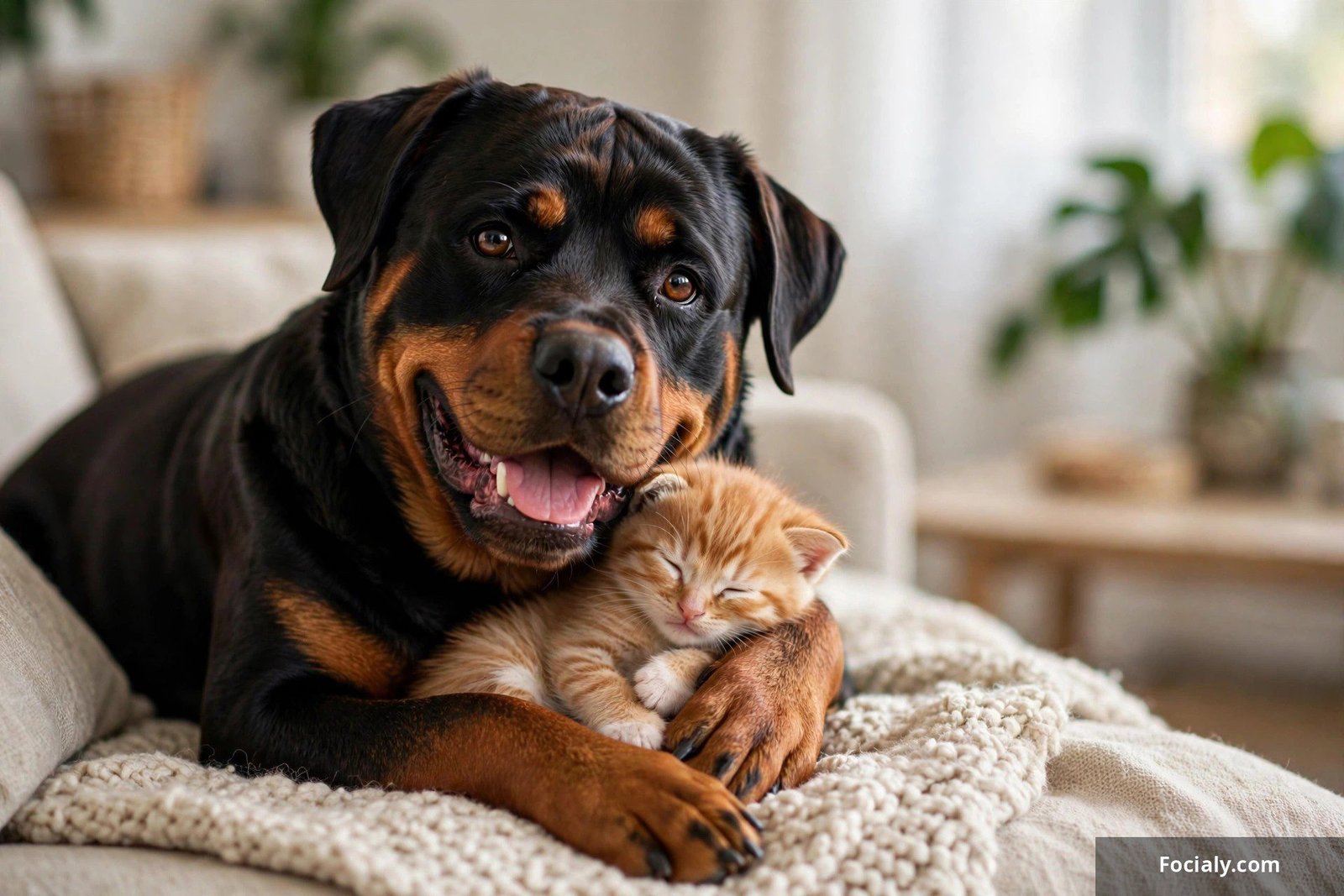 Rottweiler gently cuddling a tiny kitten with a proud expression