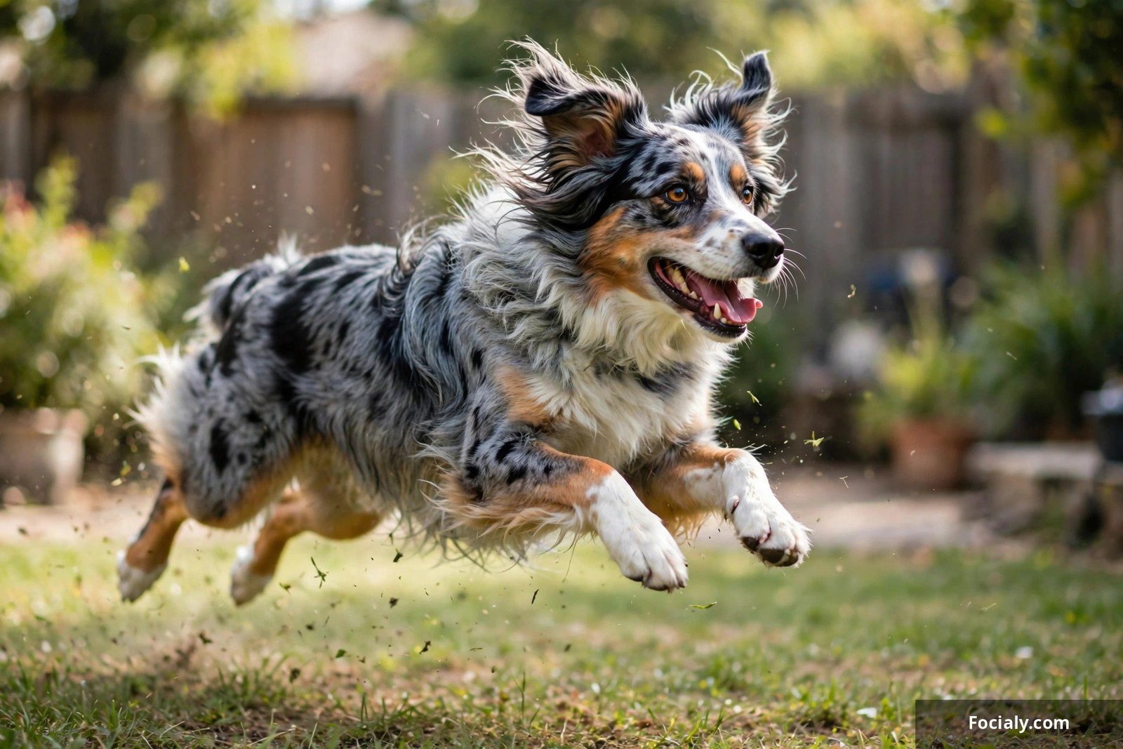 Australian shepherd captured mid-air during a wild zoomies sprint