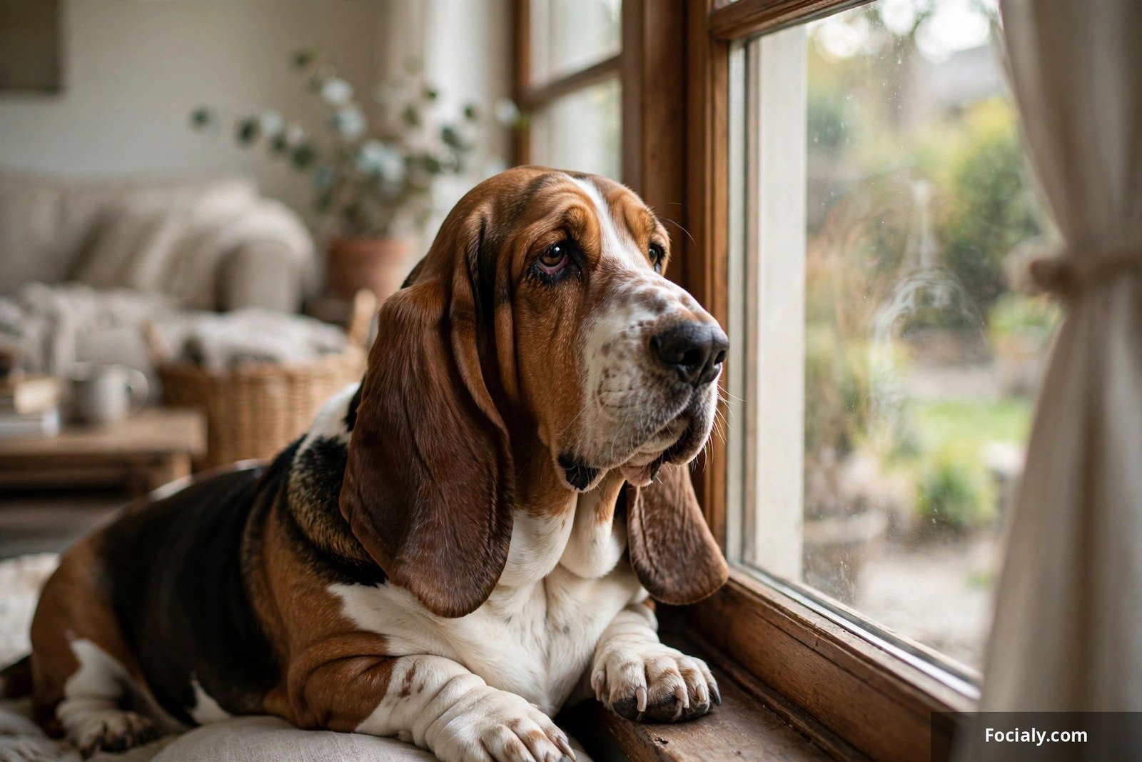 Basset hound with droopy sad eyes staring longingly out the window