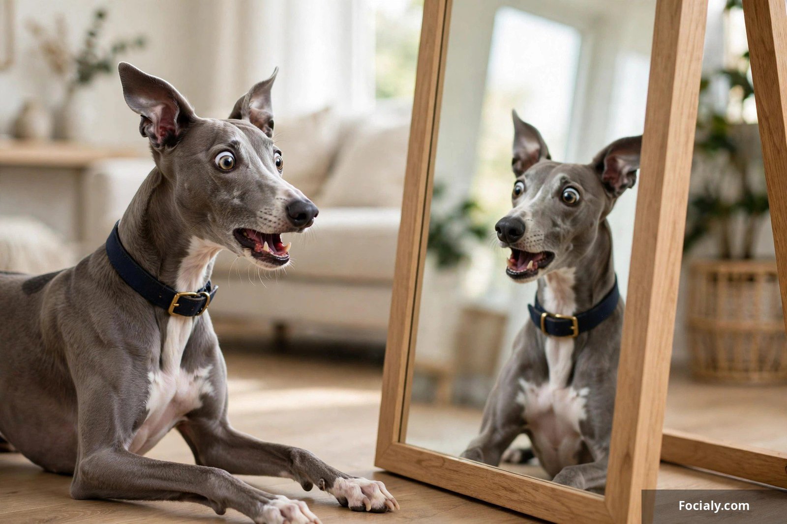 Greyhound startled by its own reflection in a mirror
