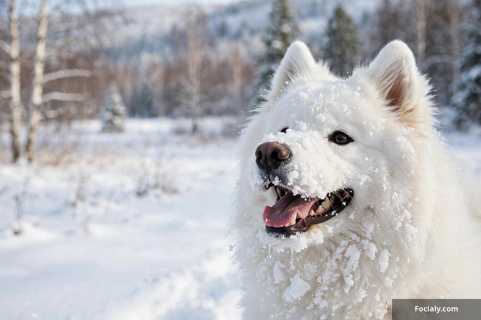 Samoyed grinning happily with a snow-covered face