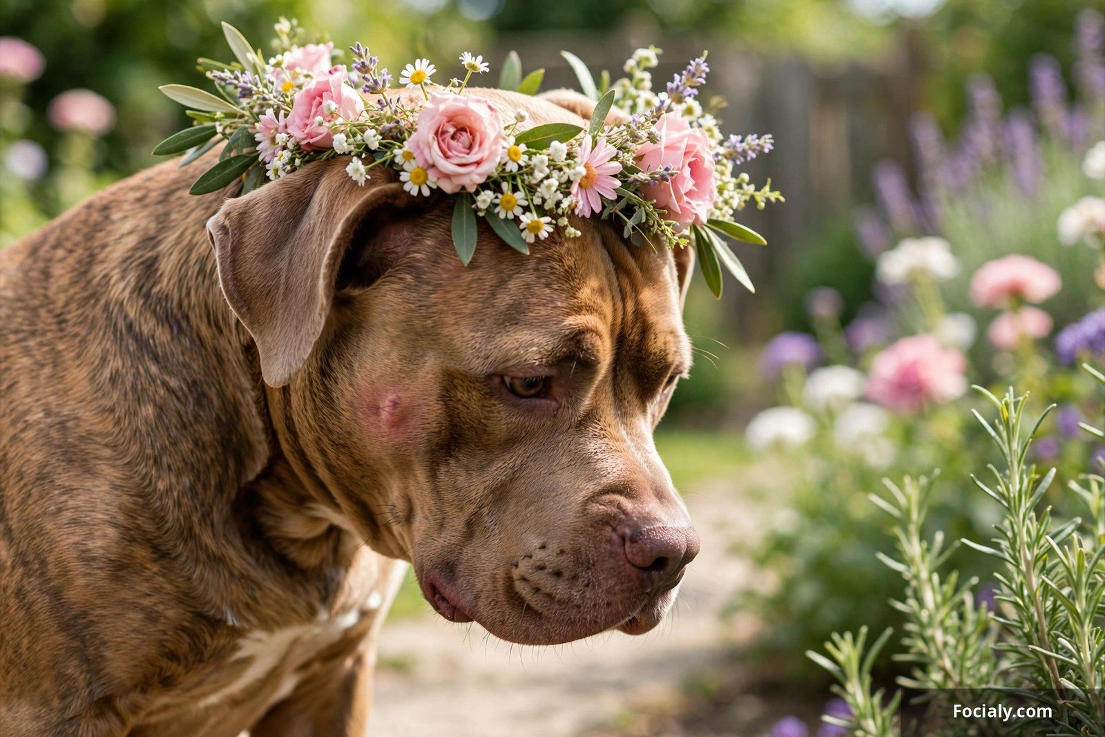 Pit bull wearing a flower crown with a deeply embarrassed expression
