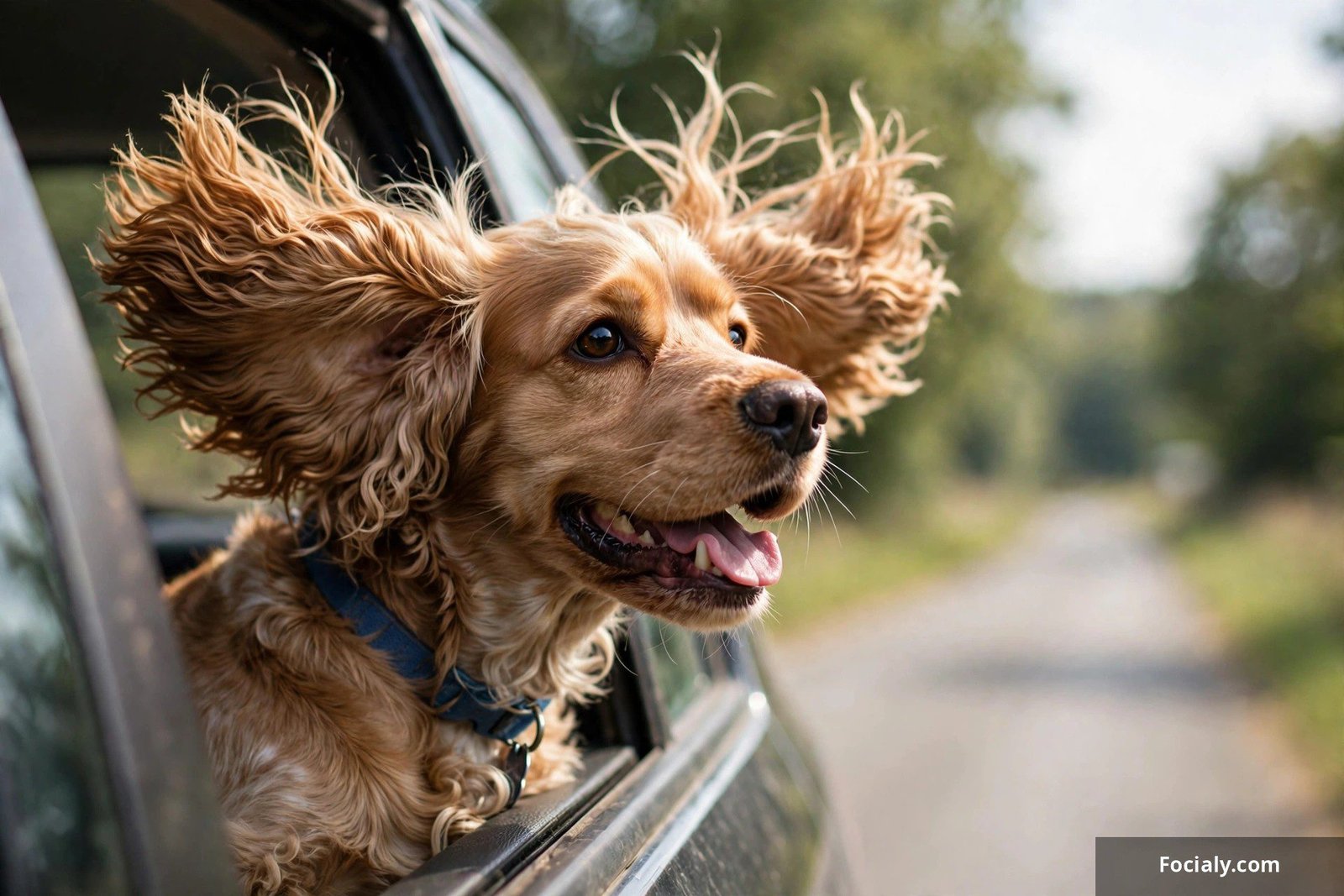 Cocker spaniel with ears flying in the wind leaning out of a car window