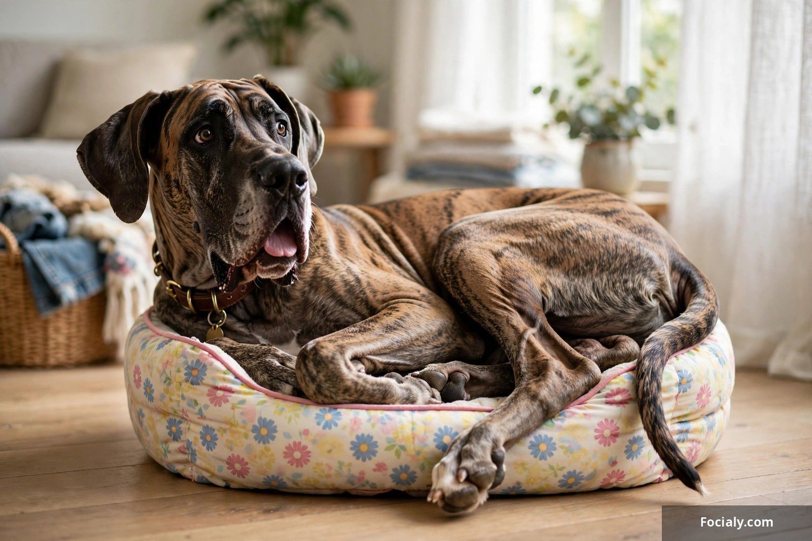 Great Dane squeezed comically into a tiny dog bed