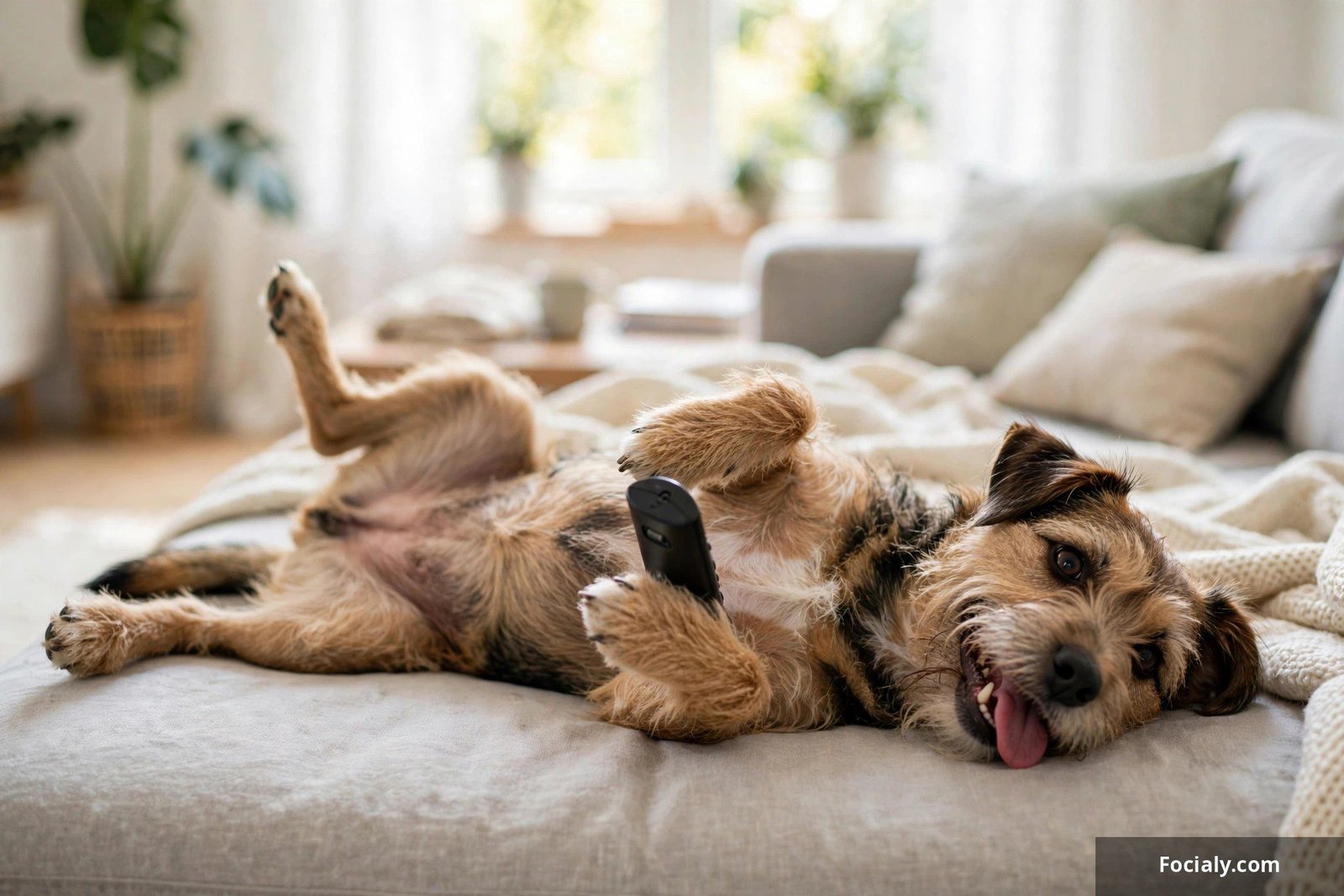 Terrier mix sprawled on the couch holding the TV remote like it owns the place