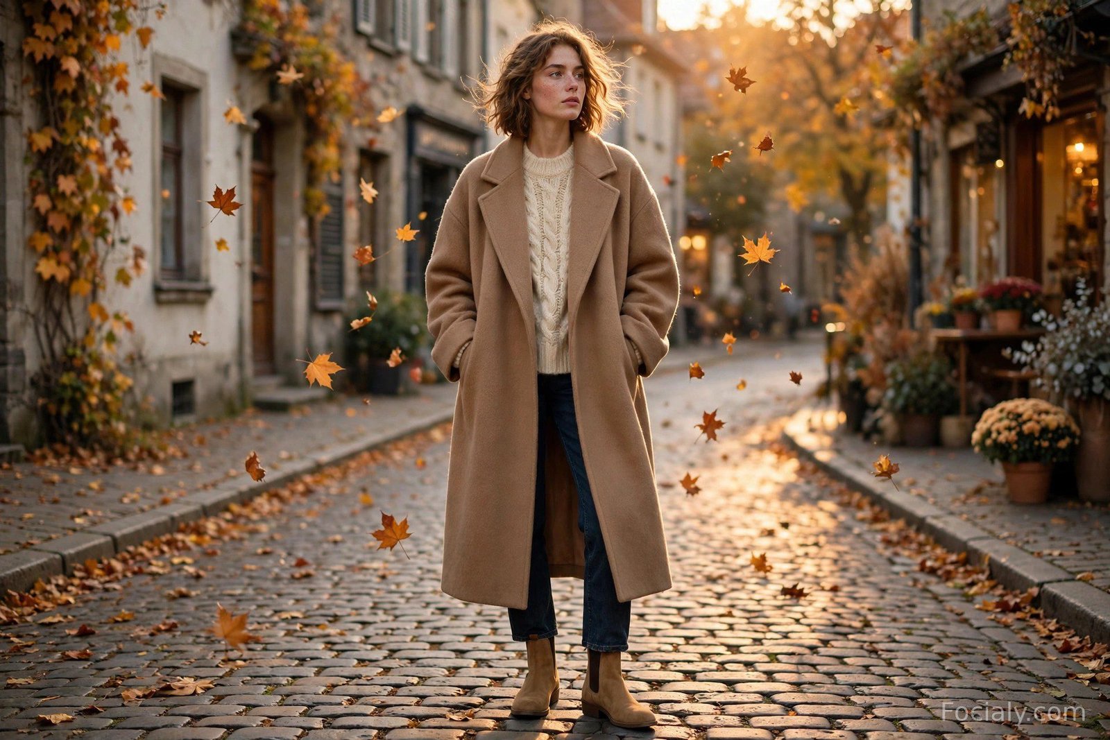Woman in oversized camel coat over cream sweater and dark jeans on an autumn street
