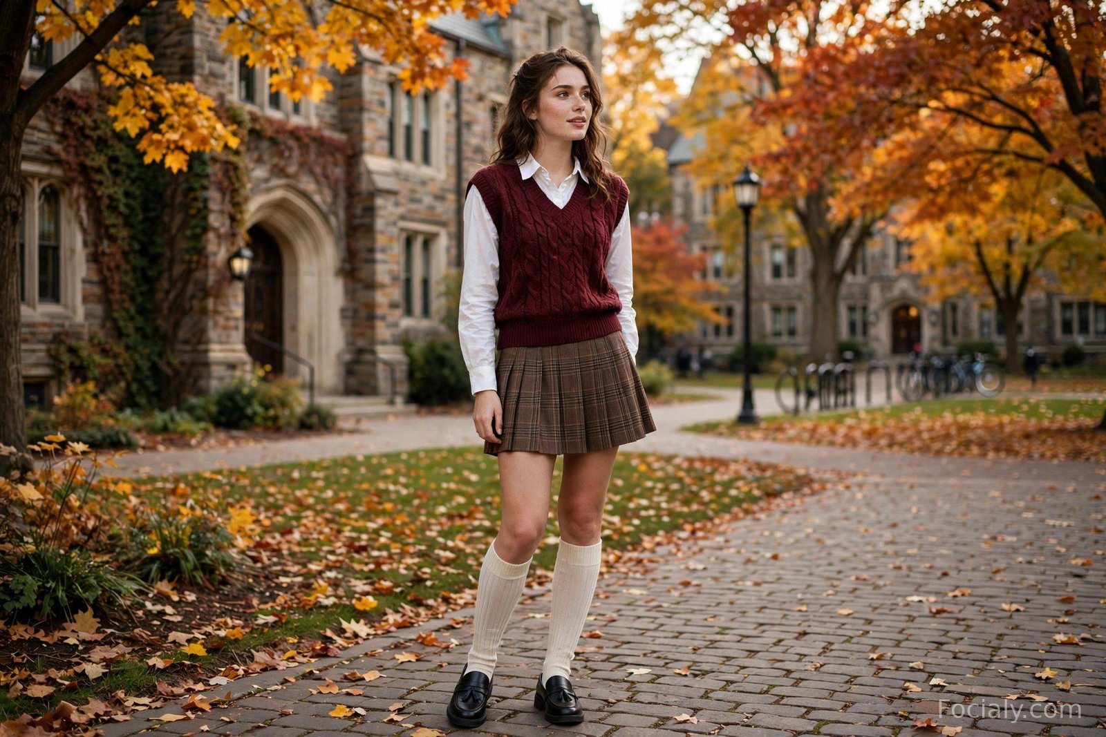 Woman in burgundy sweater vest, white collared shirt and plaid mini skirt on a fall campus