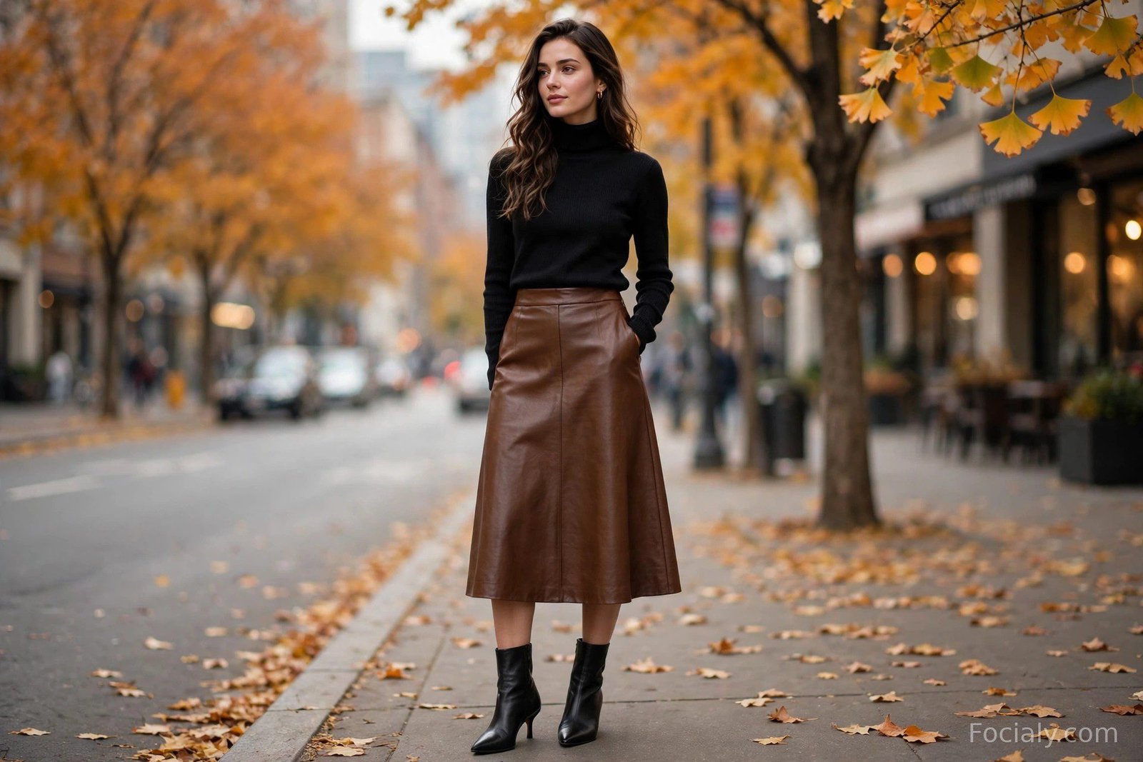 Woman in black turtleneck and brown leather midi skirt with boots