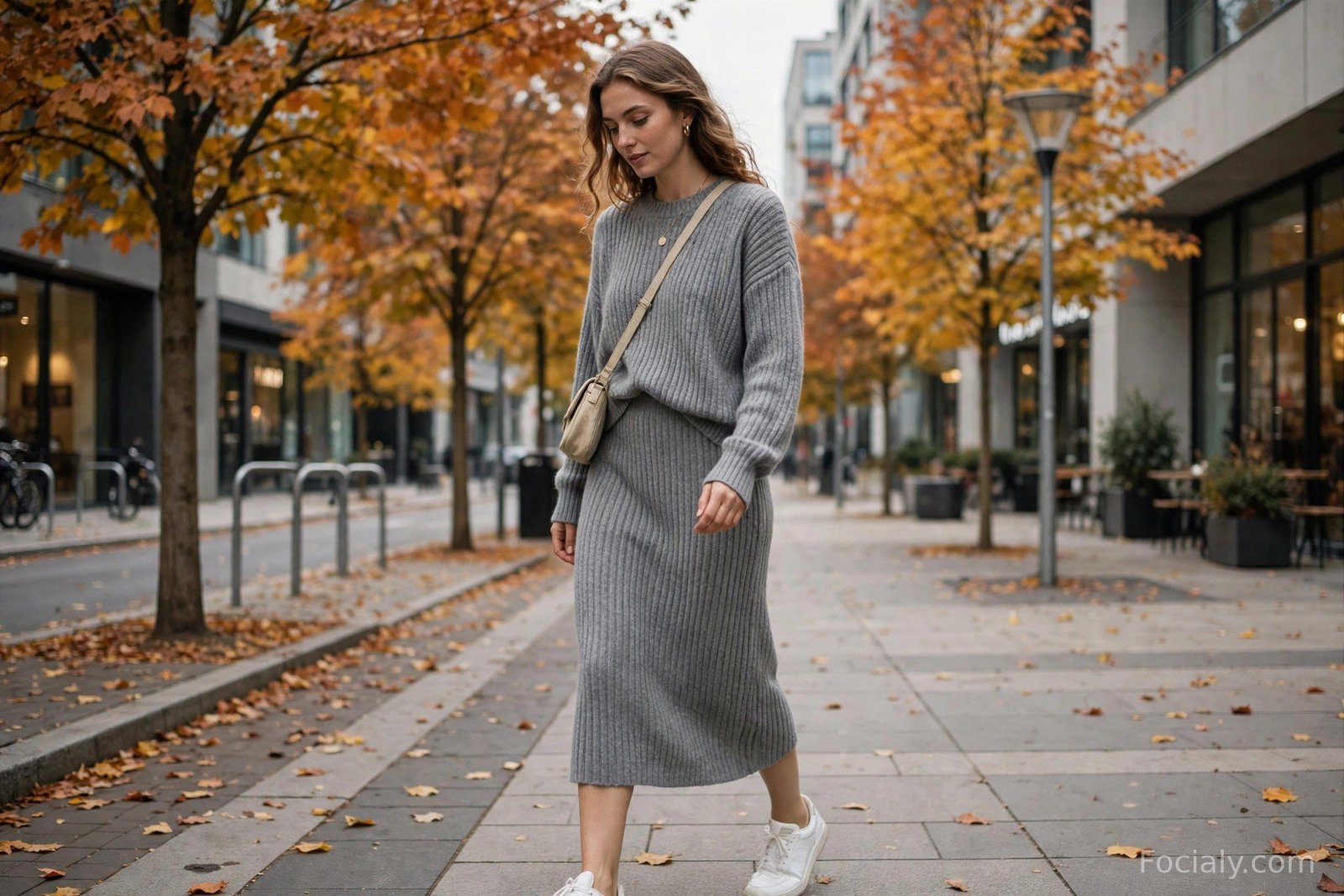 Woman in grey knit sweater and matching knit skirt set with sneakers
