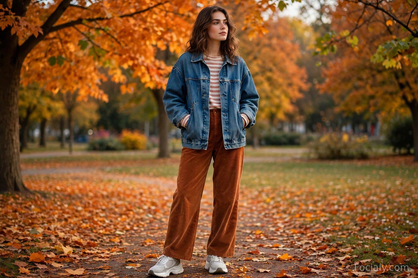 Woman in oversized denim jacket over rust corduroy pants and striped top