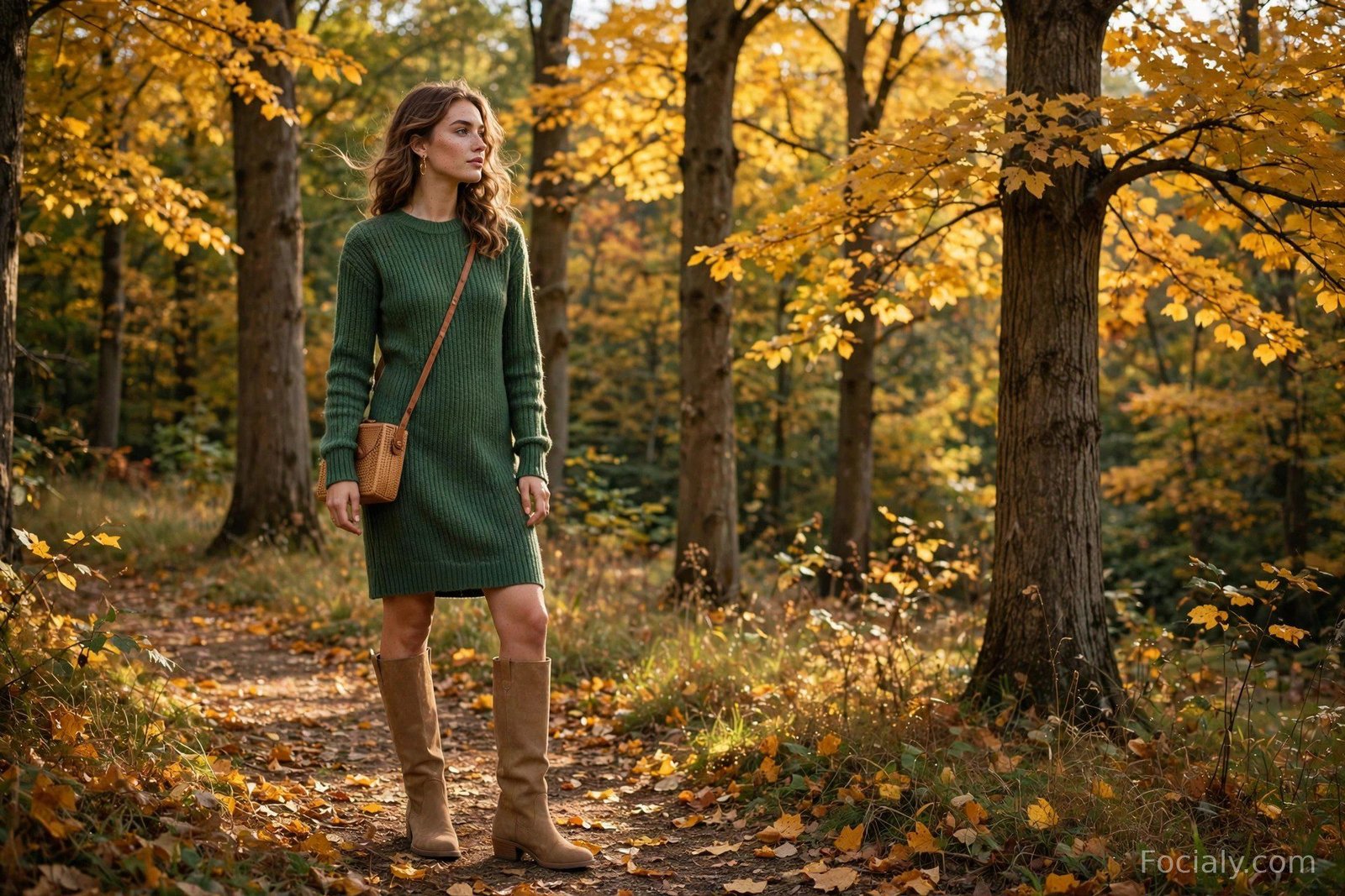 Woman in forest green sweater dress with tan knee-high boots among autumn trees