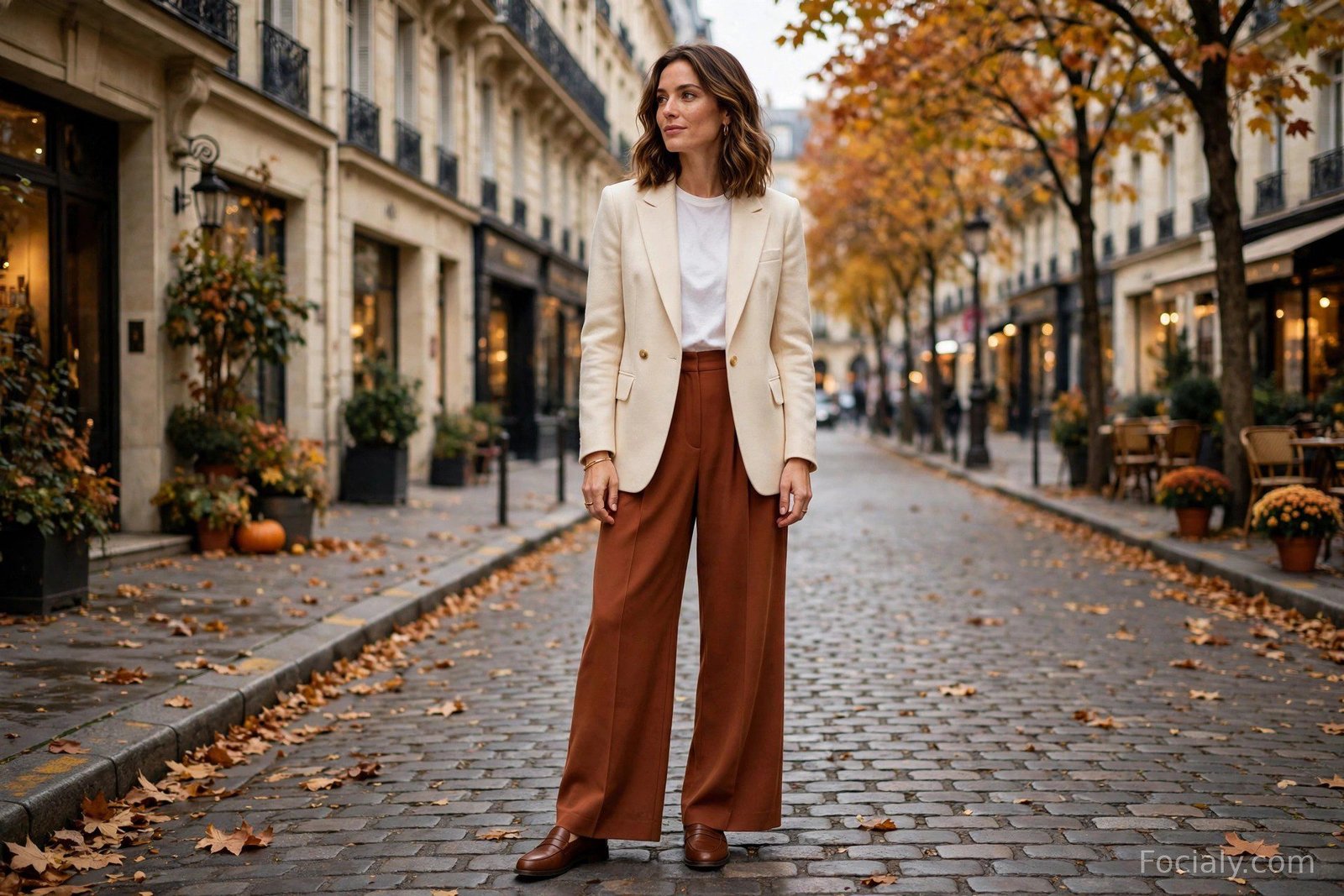 Woman in cream blazer and rust wide-leg trousers with loafers