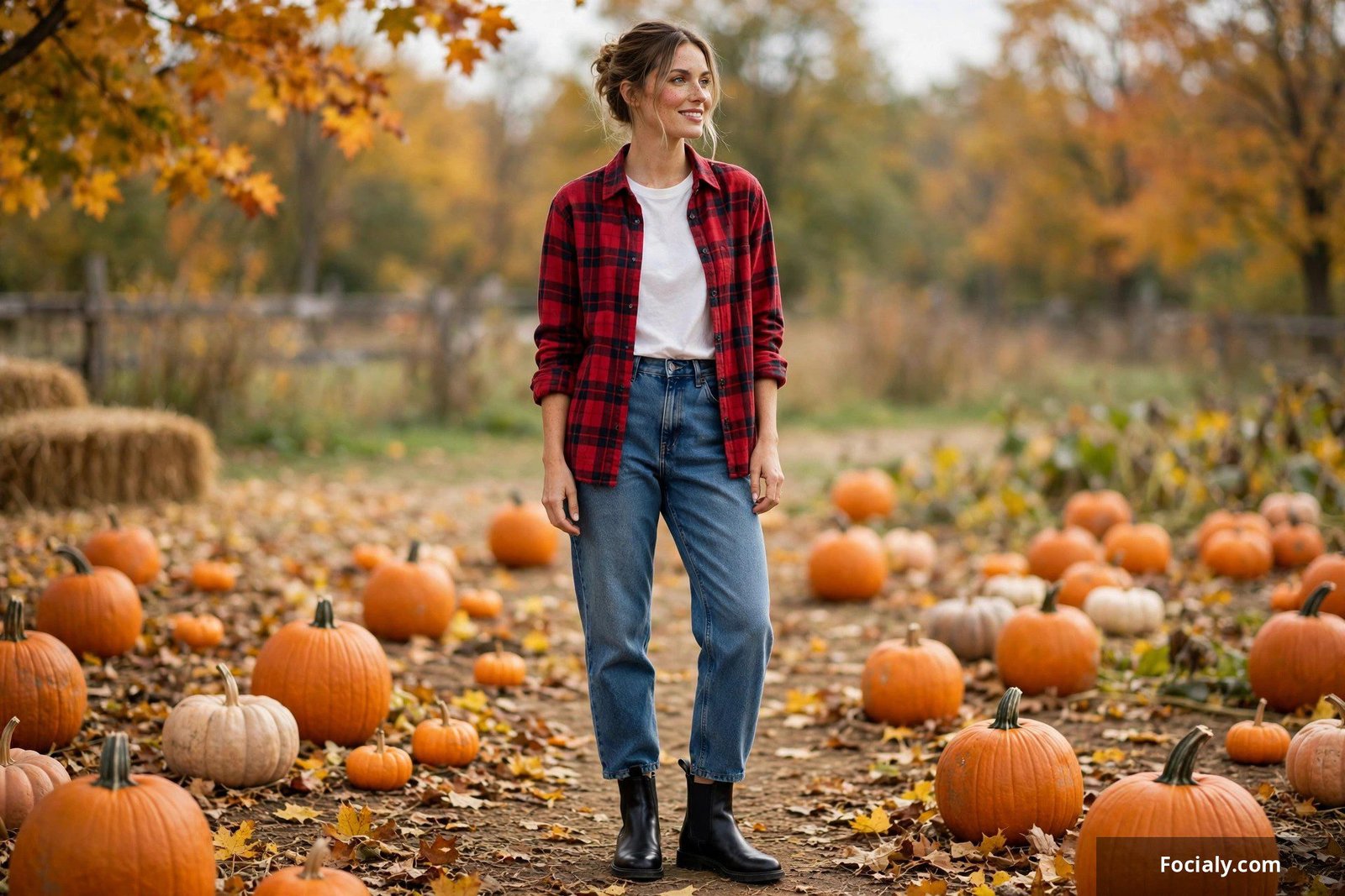Woman in red flannel shirt, mom jeans and Chelsea boots at a pumpkin patch
