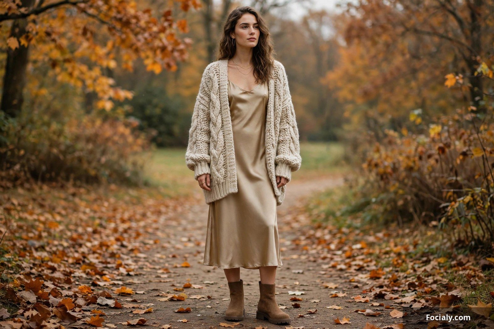 Woman in satin slip dress layered under an oversized chunky cardigan