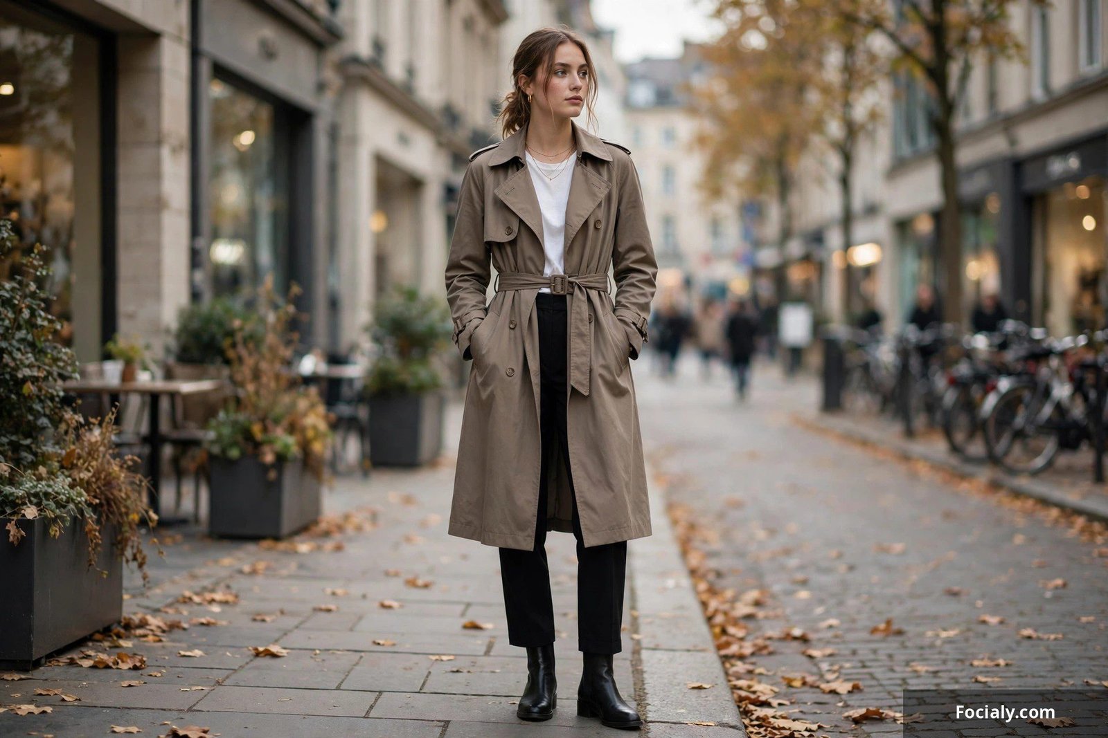Woman in taupe trench coat over white tee and black trousers on a city street