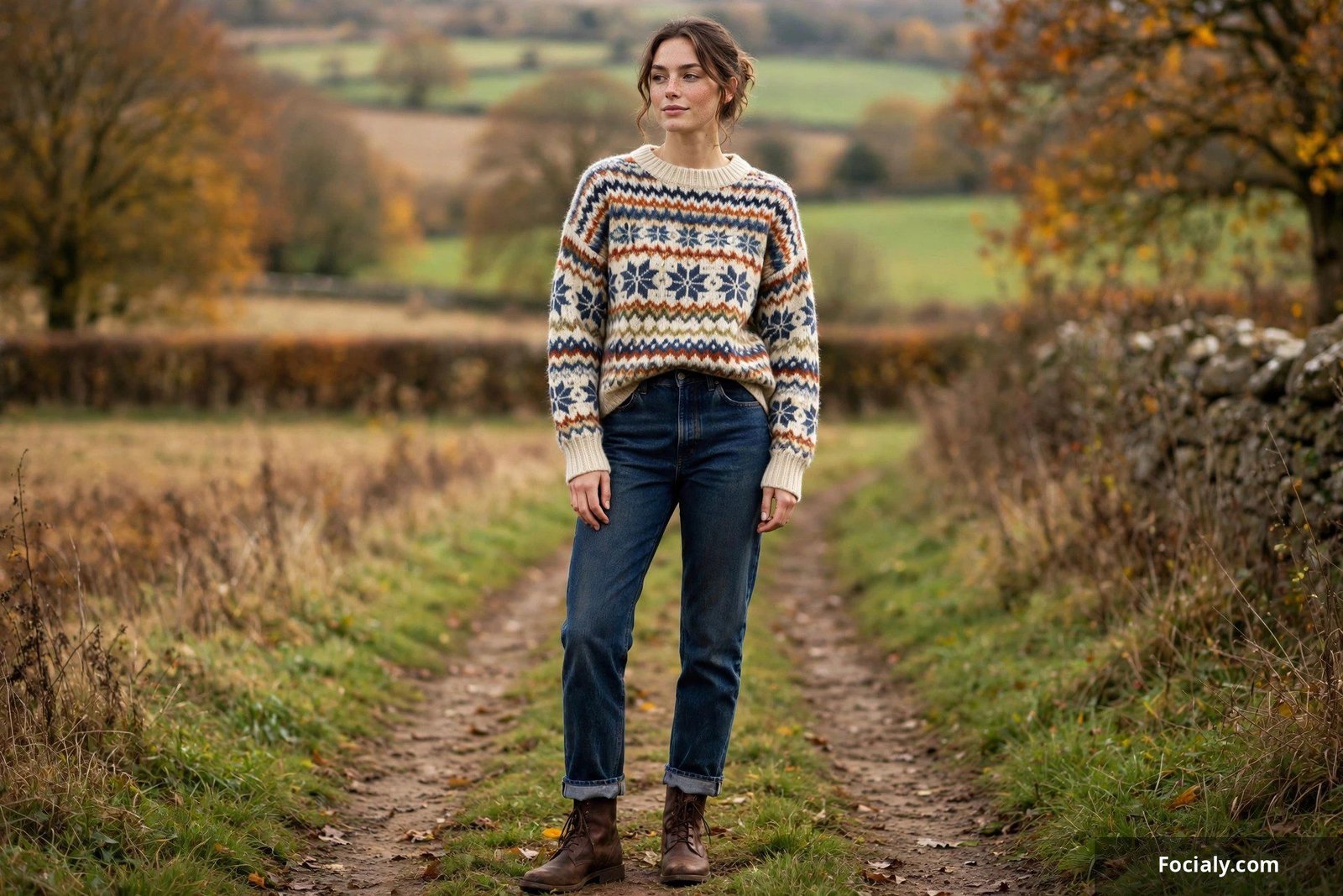 Woman in Fair Isle patterned sweater and dark wash jeans with boots in the mountains