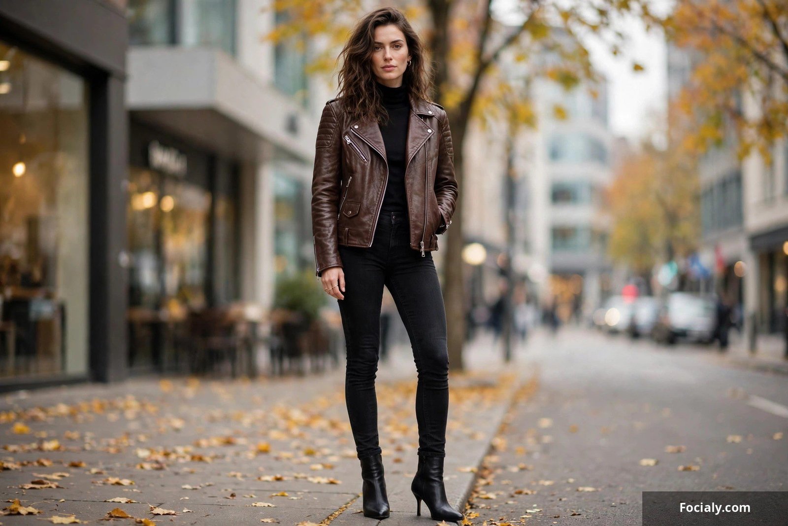 Woman in chocolate brown leather jacket and black skinny jeans with heeled boots