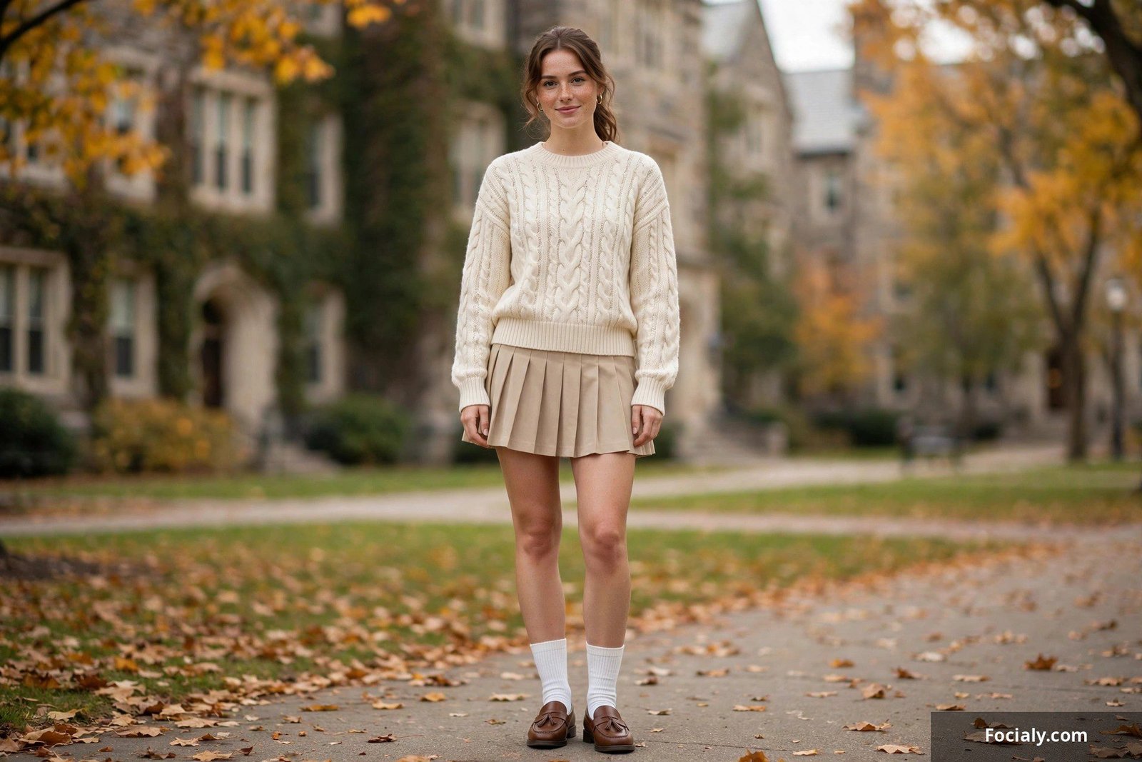Woman in cream knit sweater, pleated tennis skirt and loafers with white socks