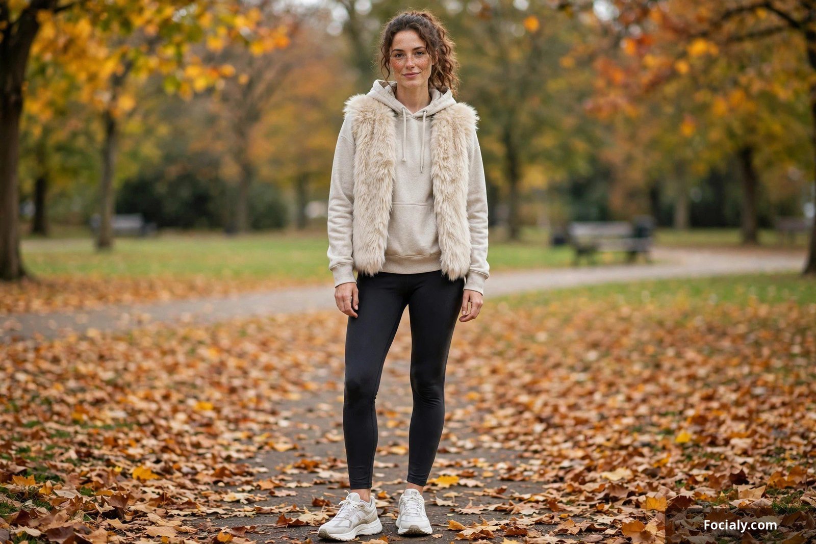 Woman in oatmeal hoodie under faux fur gilet with leggings and sneakers