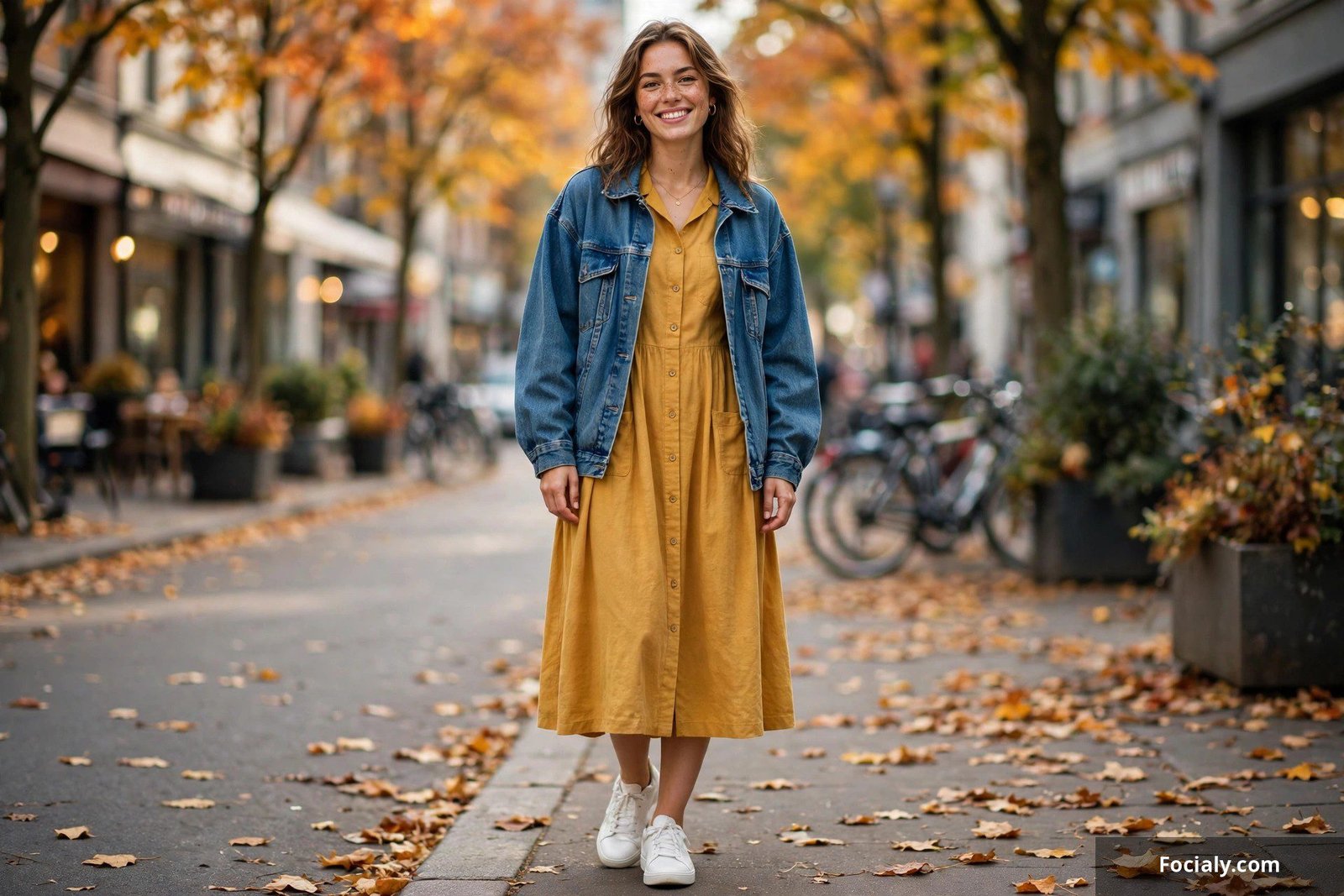 Woman in mustard midi dress with oversized denim jacket and white sneakers