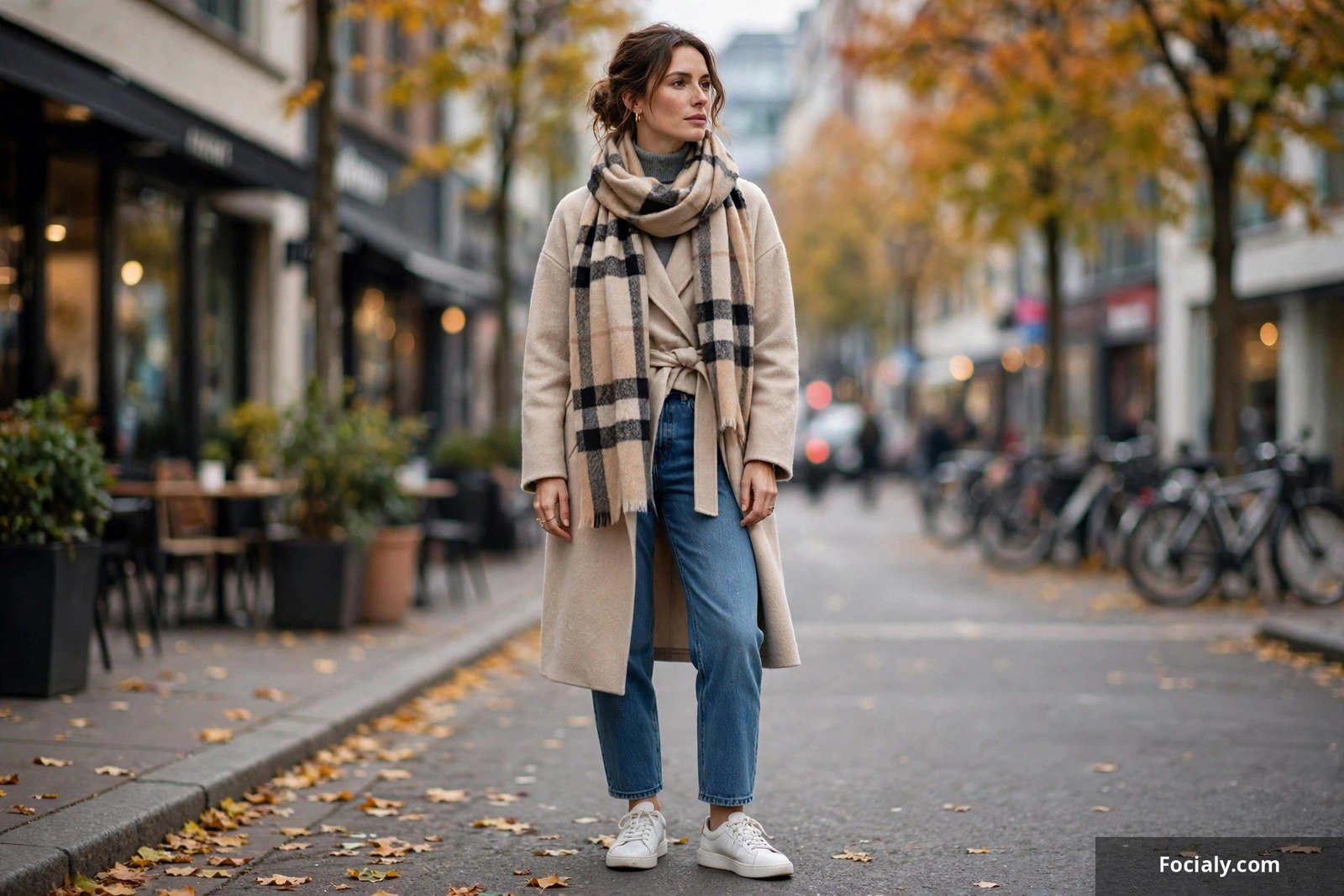 Woman in beige wrap coat with large plaid scarf, grey turtleneck and jeans
