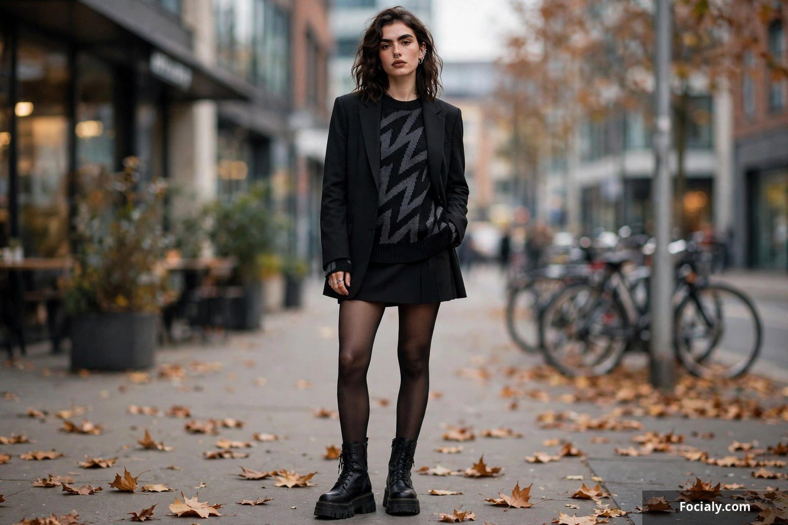 Woman in black blazer over graphic knit sweater with black mini skirt and tights